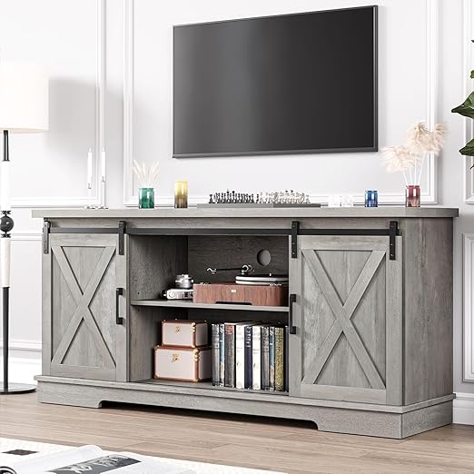 Farmhouse TV Stand with Sliding Barn Doors for TVs up to 65 Inches