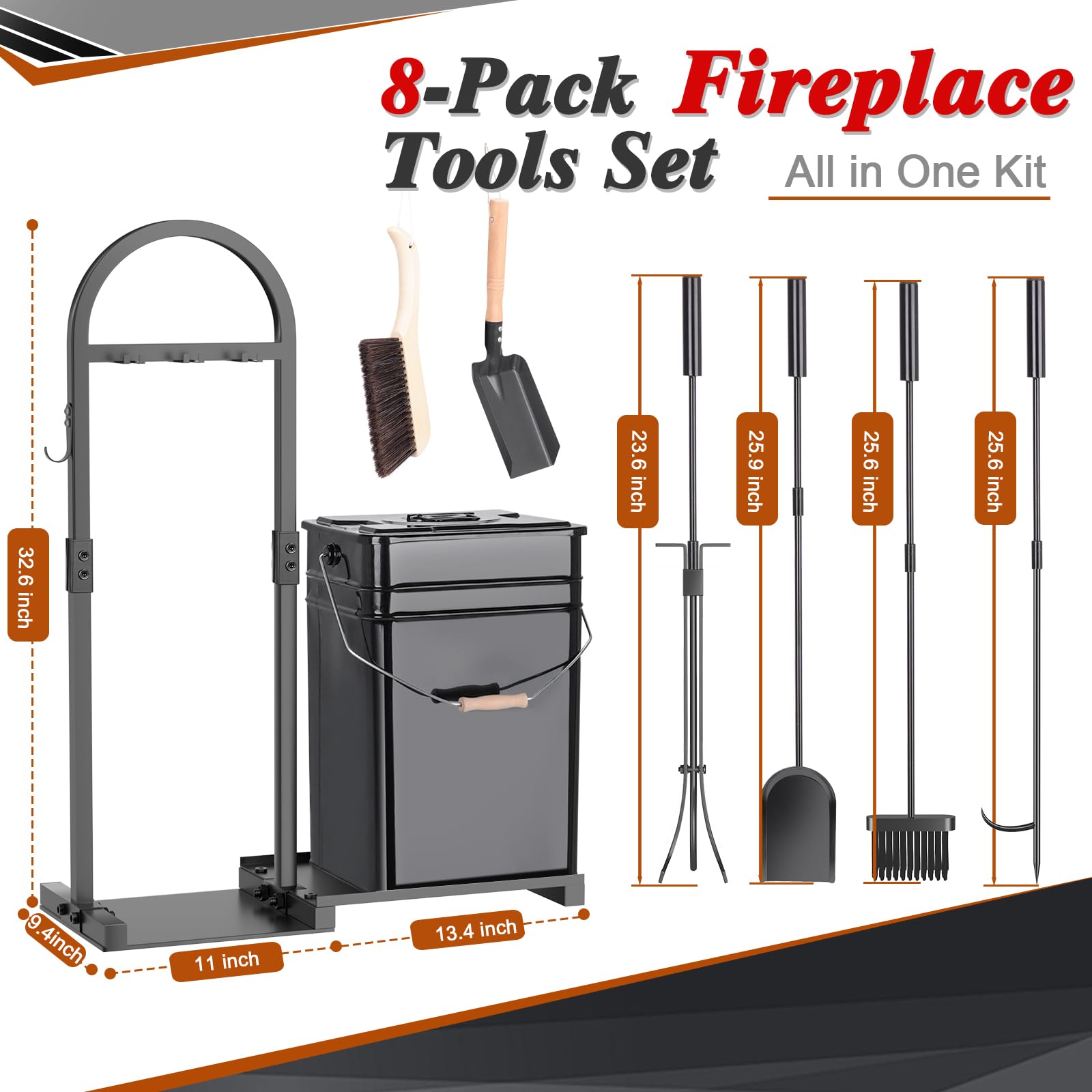 8-Piece Fireplace Tool Set with Ash Bucket and Stand