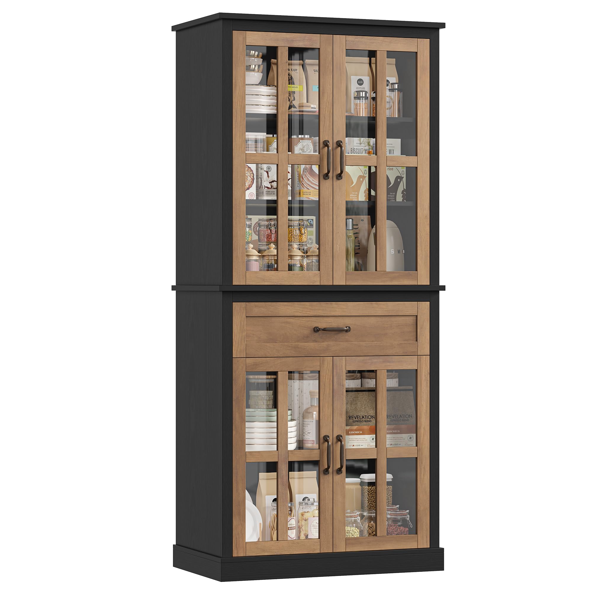 Kitchen Pantry Cabinet with Glass Doors and Drawer