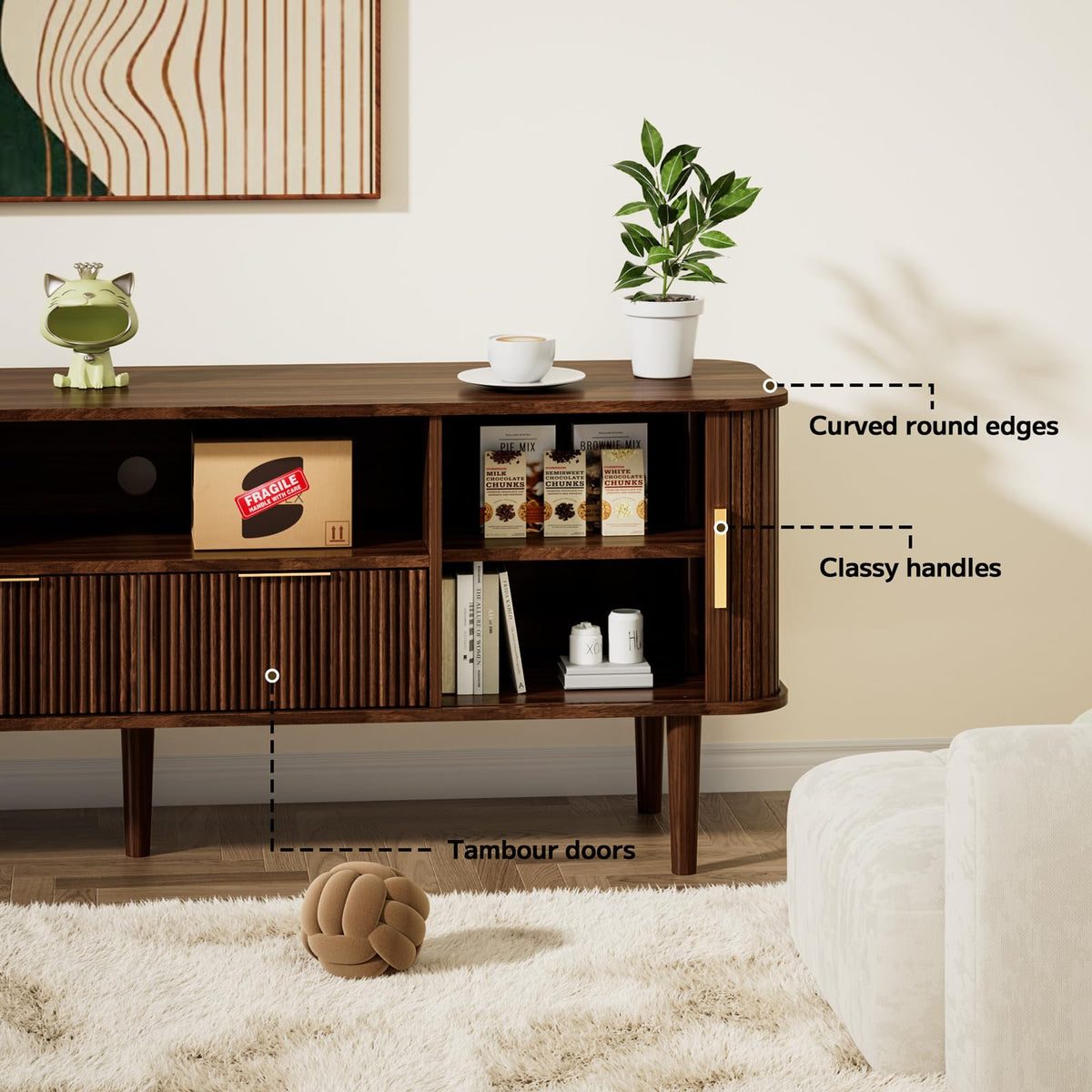 62.4 Inch Fluted TV Stand with Sliding Tambour Door