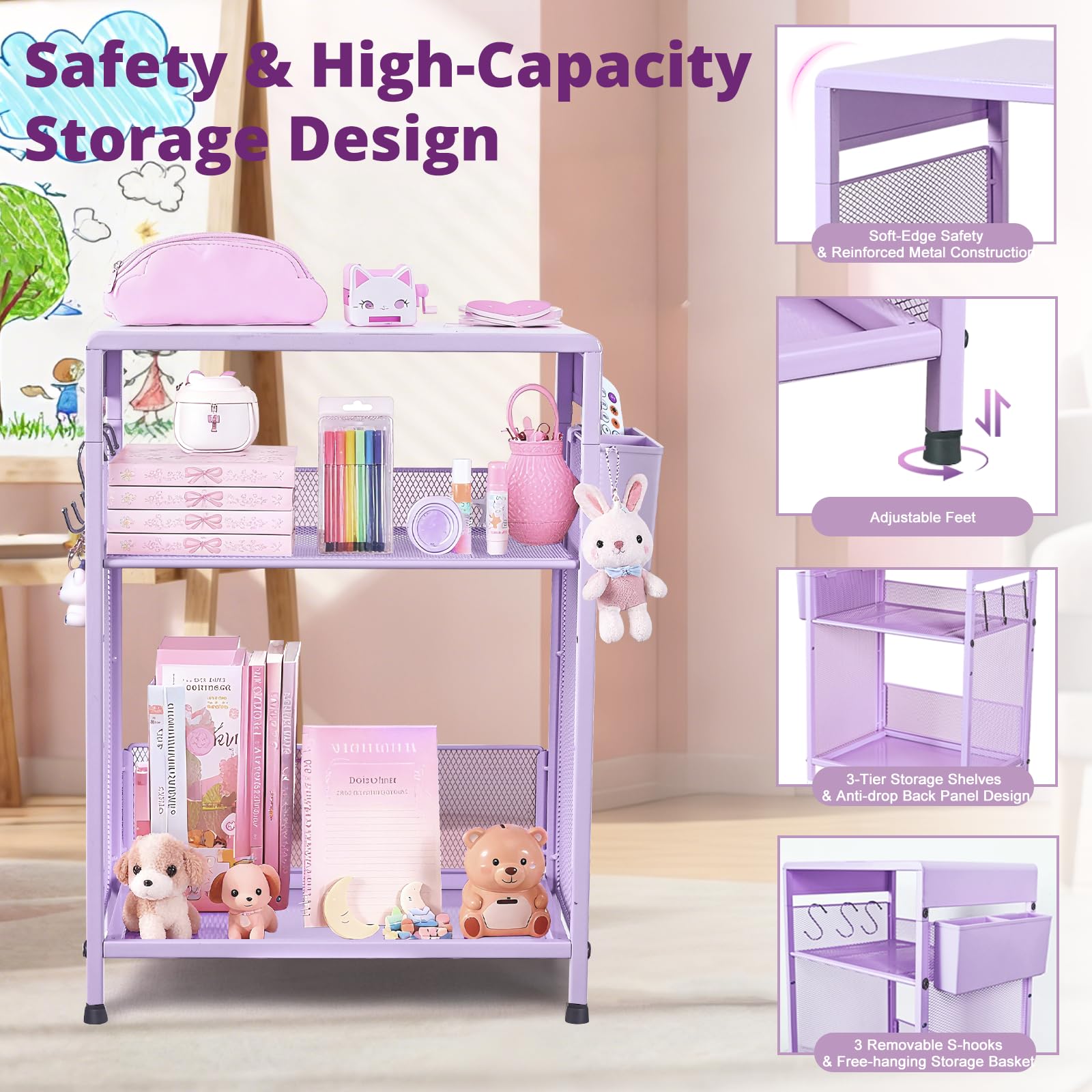 Purple Kids Nightstand 3-Tier Small Side Table