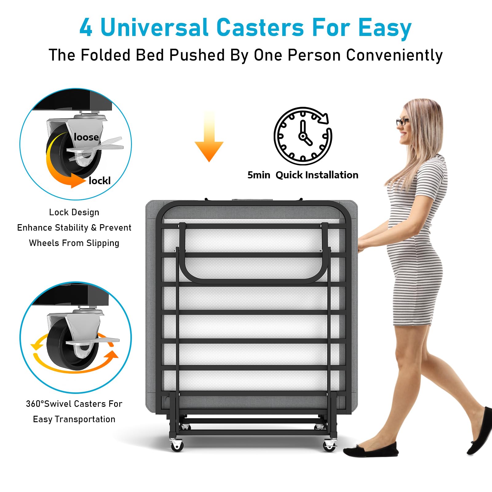 Folding Bed with Memory Foam Mattress and Wheels