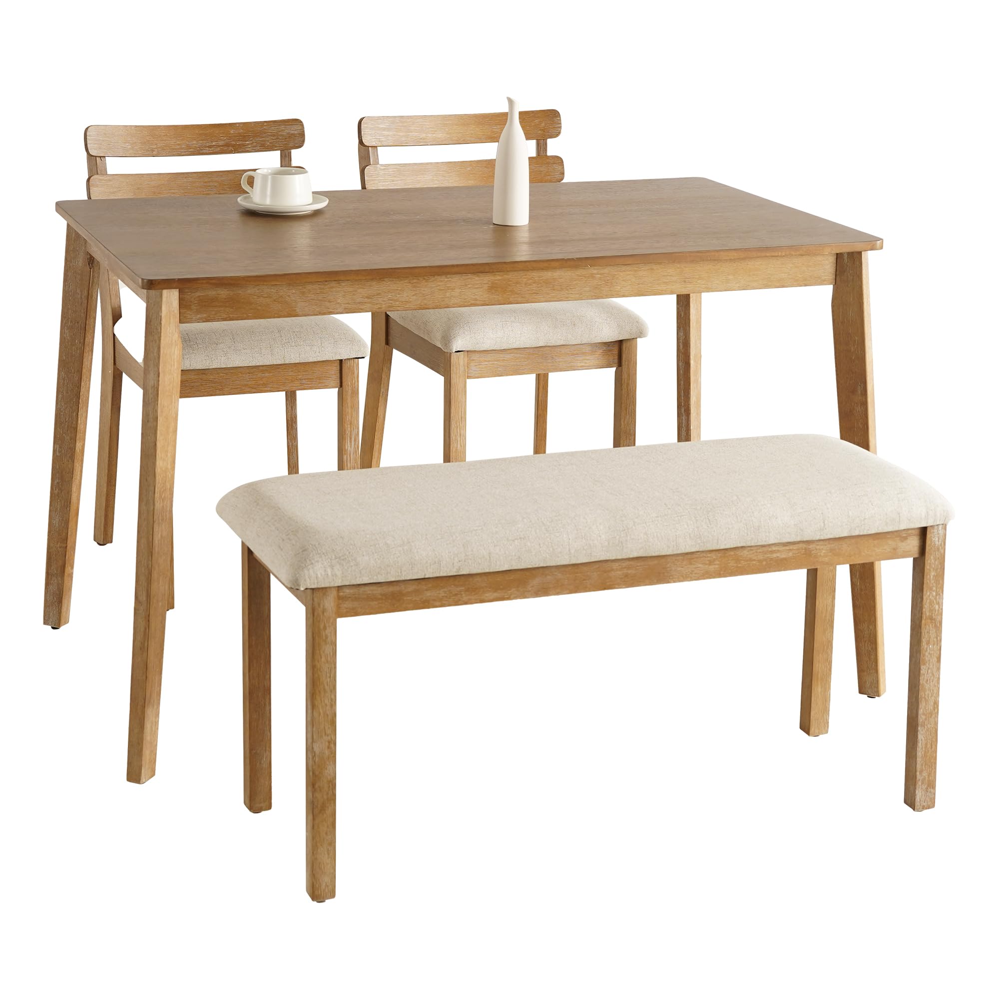 4-Piece Farmhouse Dining Set with Table, Chairs and Bench