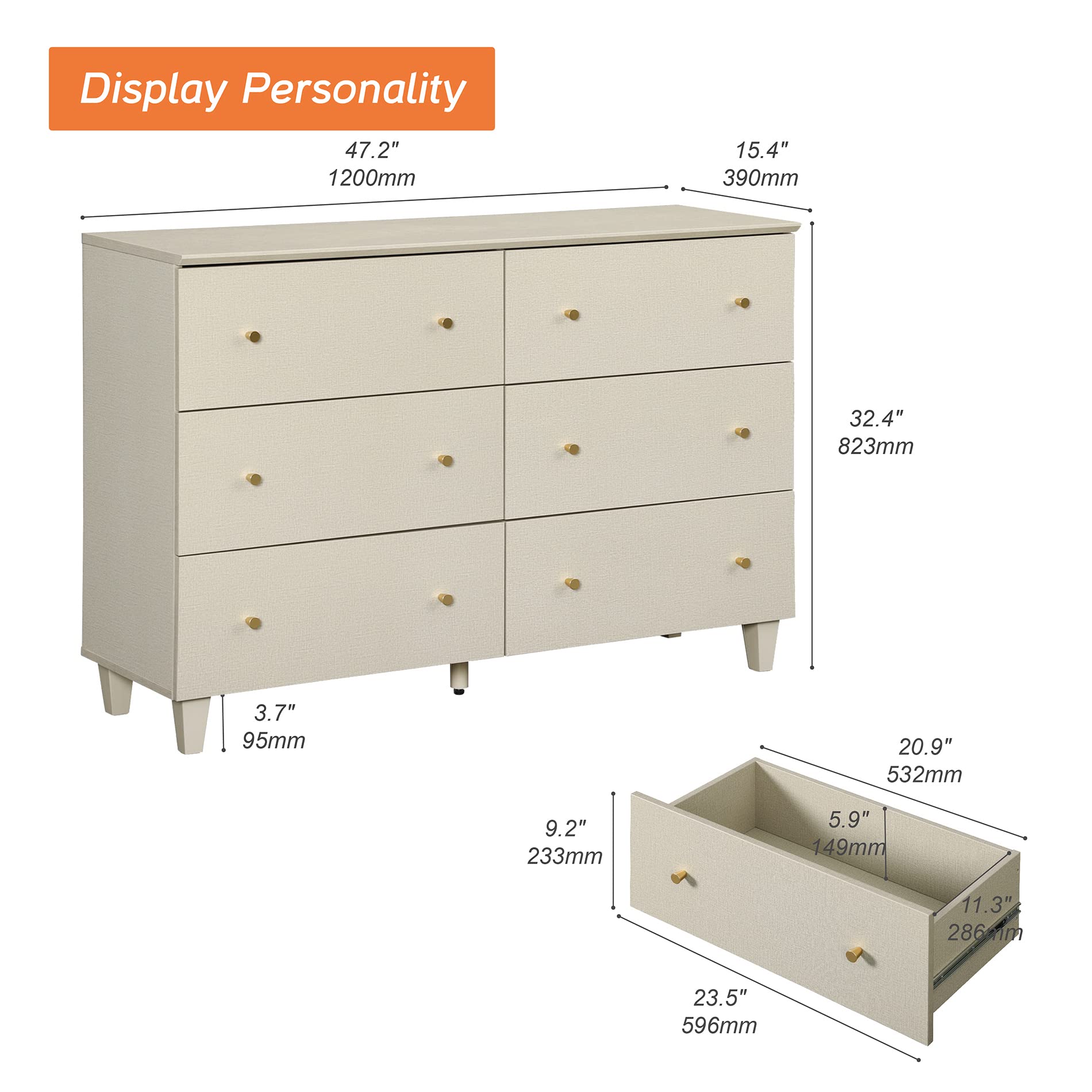 6-Drawer Dresser with Solid Wood Legs - Beige