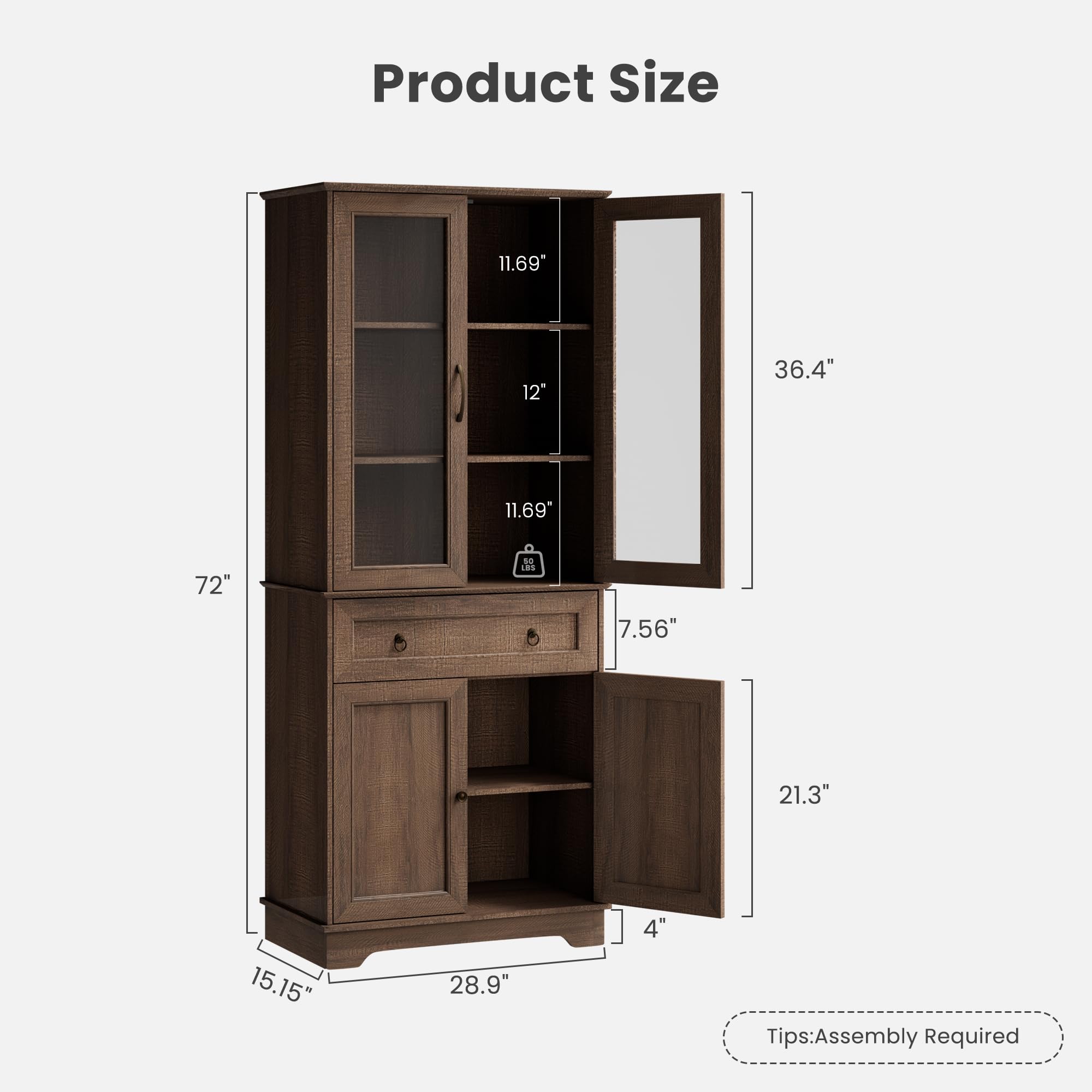 Tall Kitchen Pantry Cabinet with Glass Doors