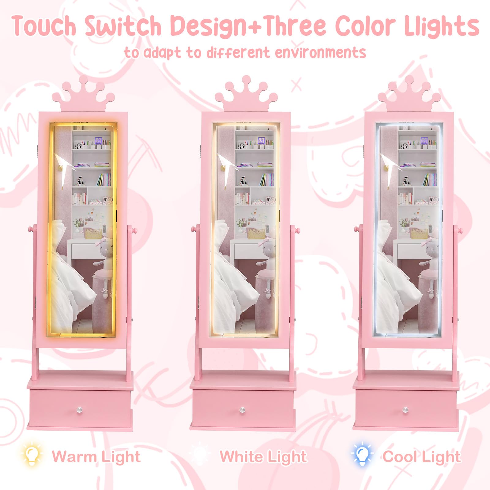 Kids Jewelry Armoire with LED Light and Full Length Mirror