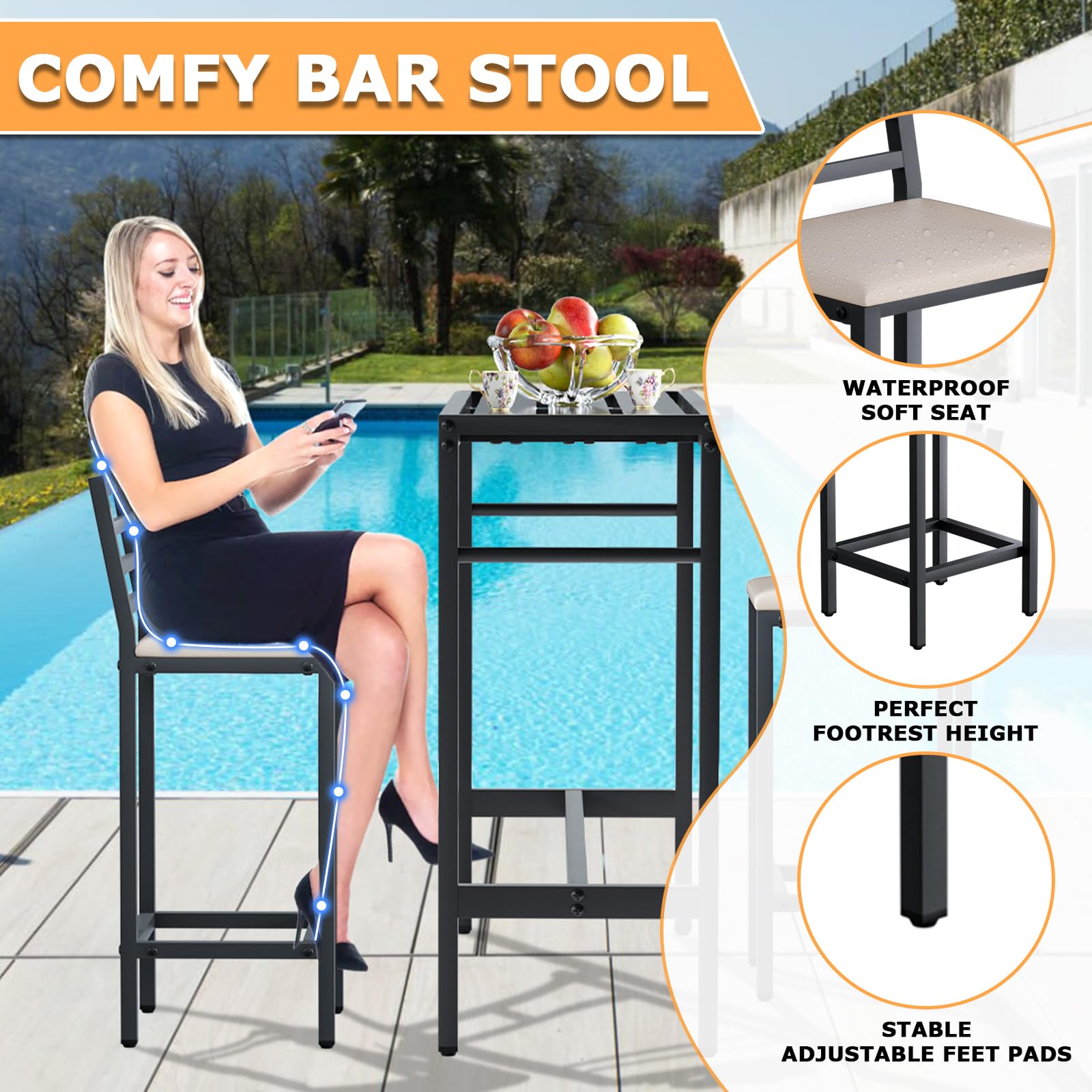 3 Piece Outdoor Patio Bar Set with Cushioned Stools
