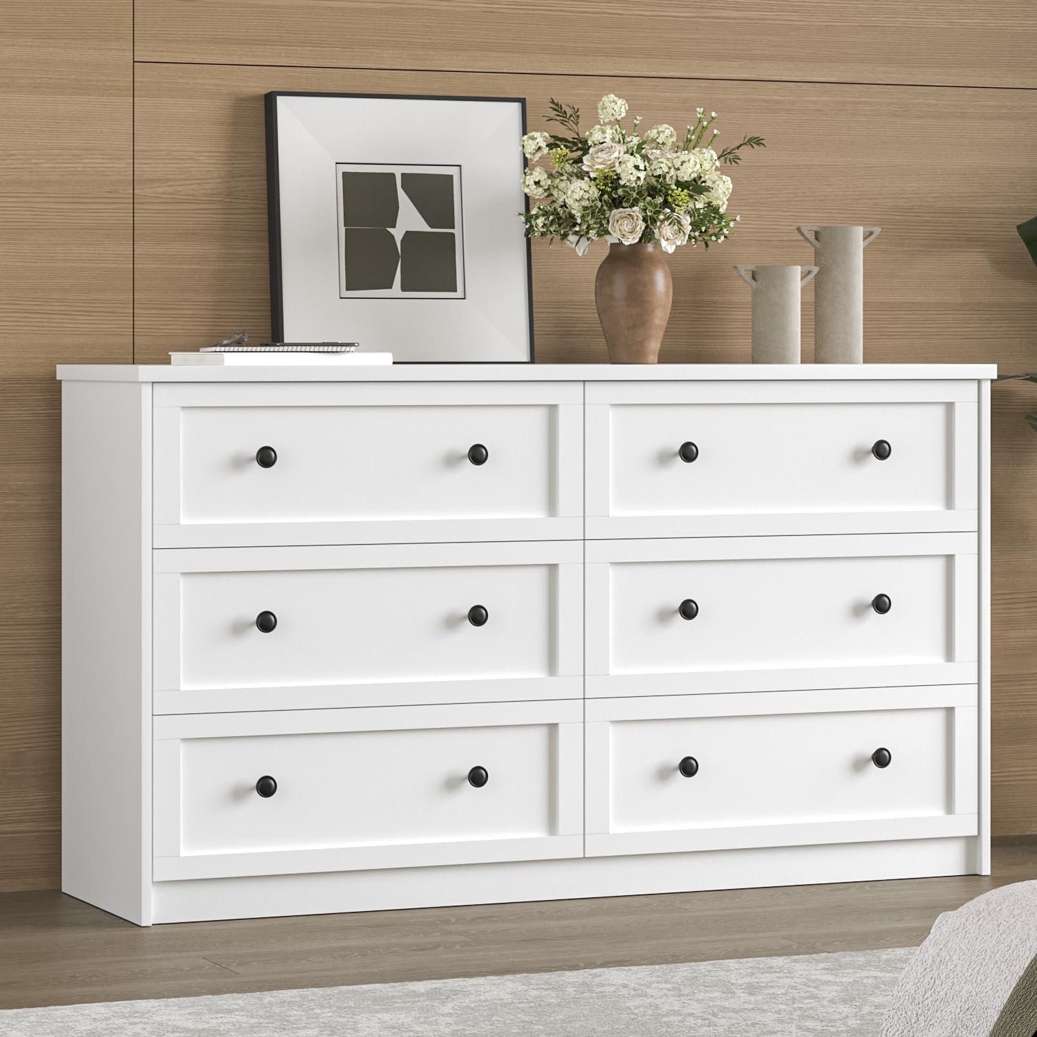 55" Modern 6 Drawer Double Dresser with Black Knobs