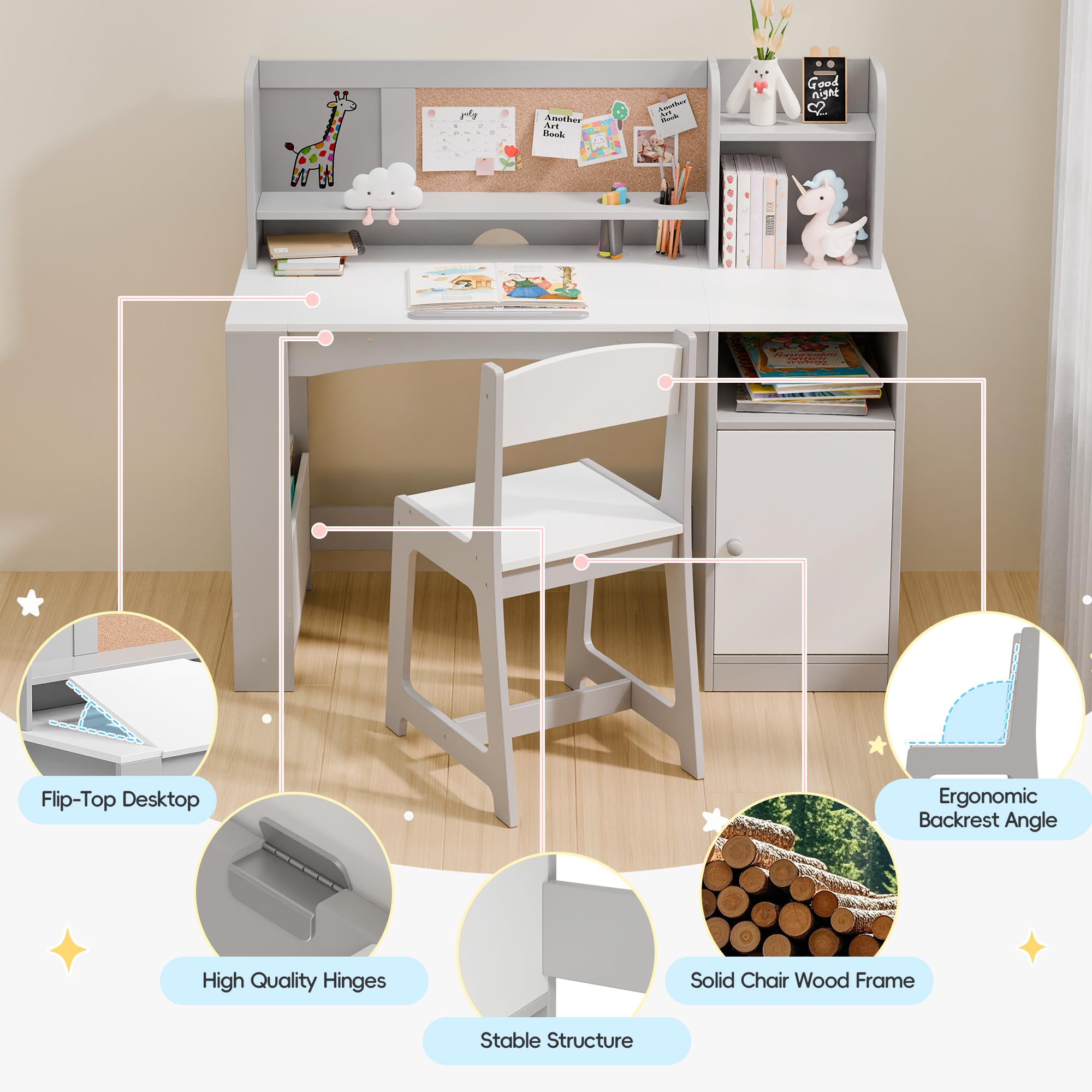 Kids Study Desk with Chair and Tiltable Desktop