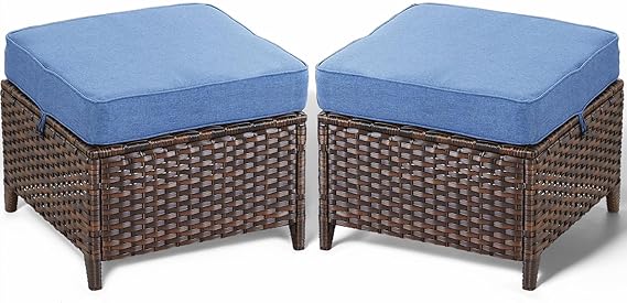 Outdoor Wicker Ottoman Side Table - 2 Piece Set