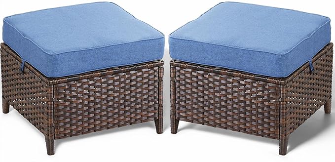 2-Piece Outdoor Wicker Ottoman Side Table Set - Brown Rattan Footrest Bench