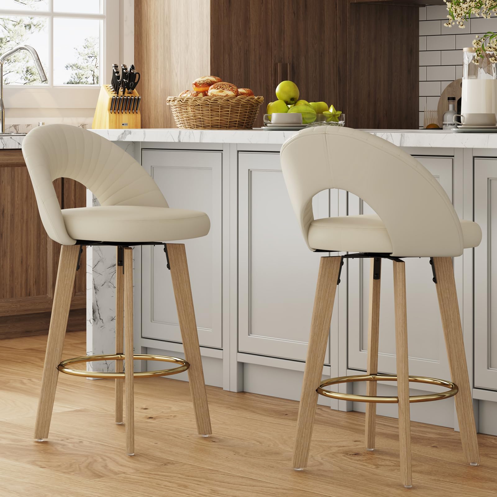 Swivel Counter Height Bar Stools Set of 2 - Beige Faux Leather with Bentwood Legs