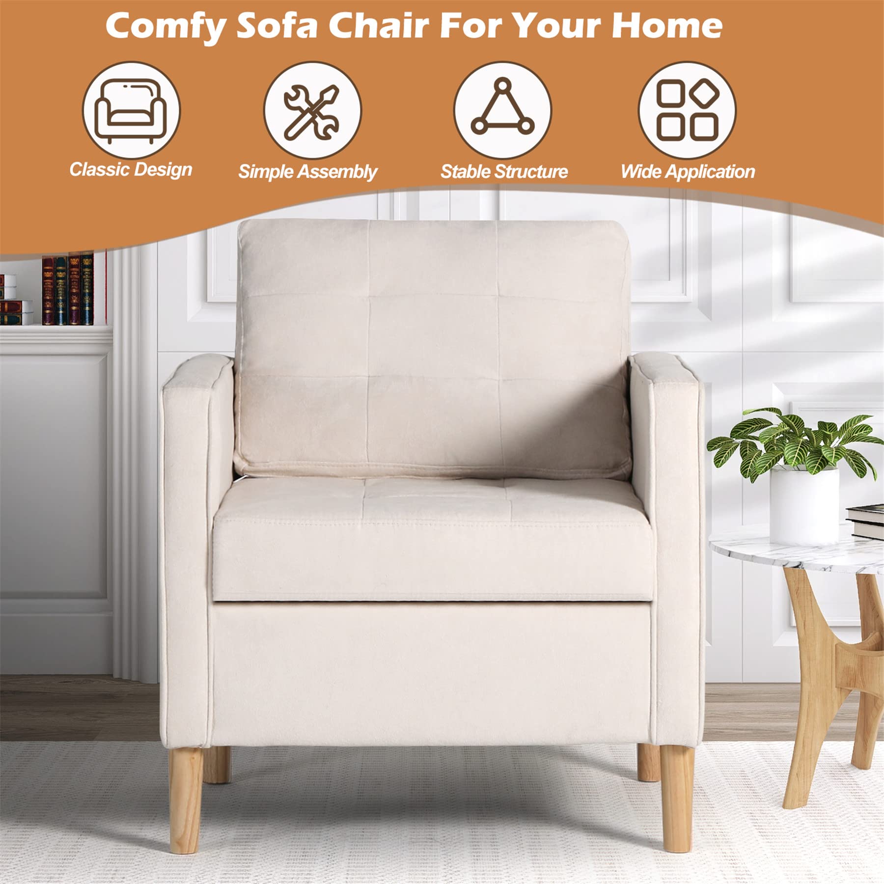 STHOUYN Mid Century Modern Comfy Accent Arm Chair, Bedroom Chair for Adults, Living Room Office Reading Chairs, Suitable for Small Spaces, White (1, White)