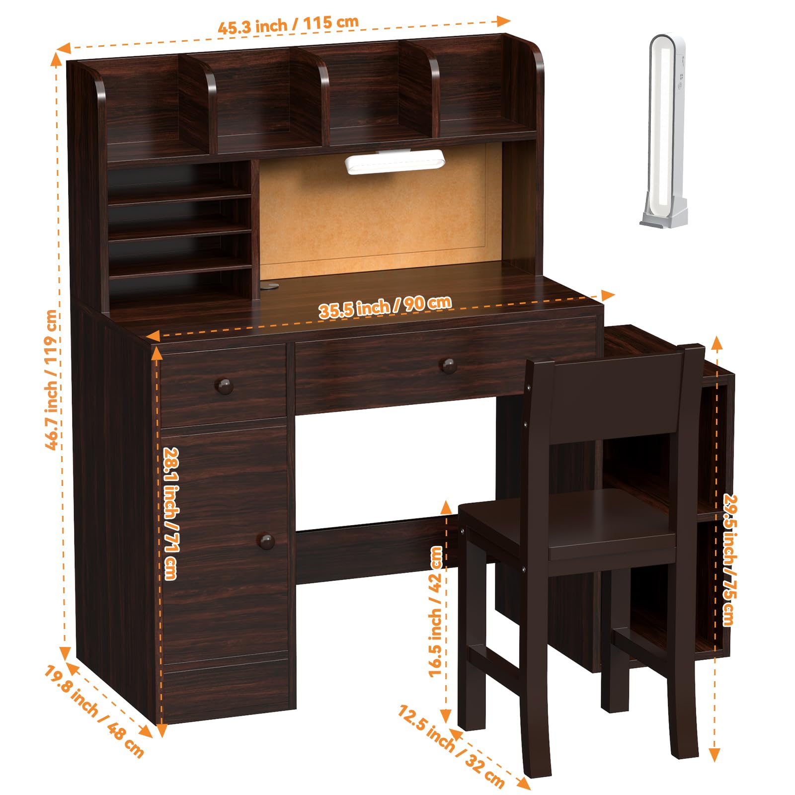 RUPOLX Wooden Espresso Kids Study Desk and Chair Set with Light, 2 Drawers and 4 Storage Cabinets, Children Desk with 4 Open Hutch and Shelves, Girls Study Desk for Kids Bedroom-003