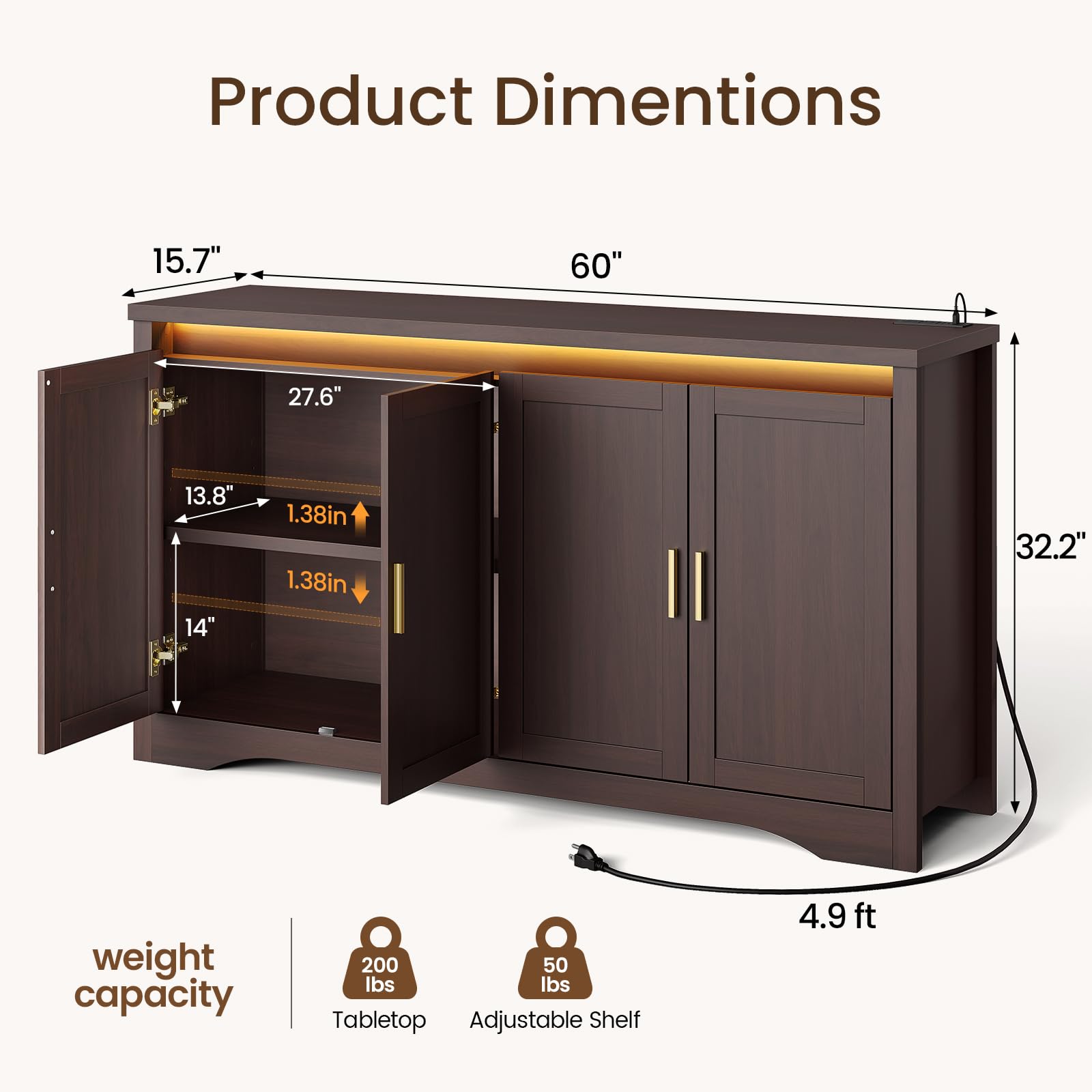 48" Storage Accent Cabinet with 4 Doors and Gold Lines