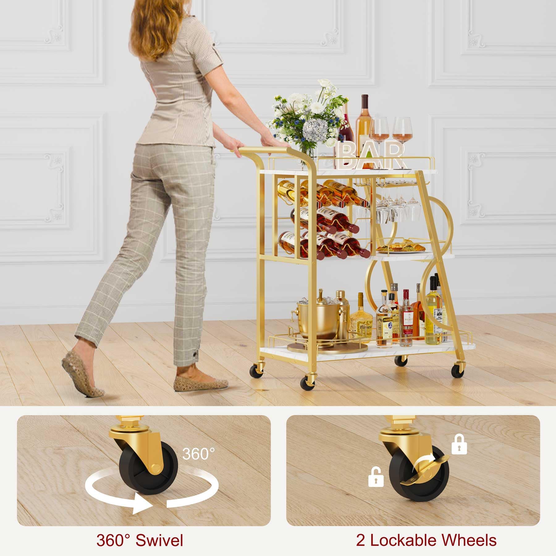 3-Tier Gold Bar Cart with Wine Glass Holder