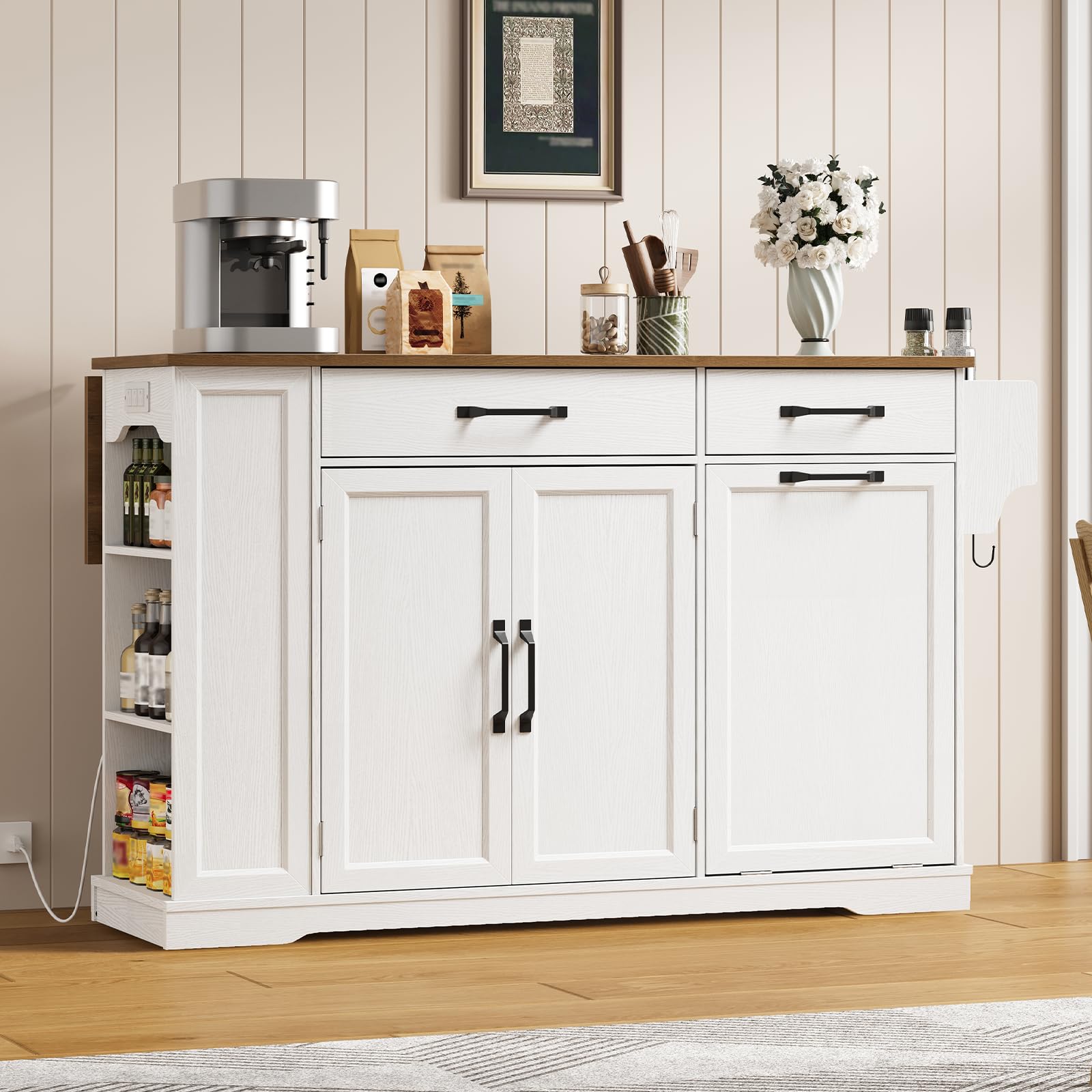 Kitchen Island with Power Outlet and Drop Leaf Rolling Storage Cart