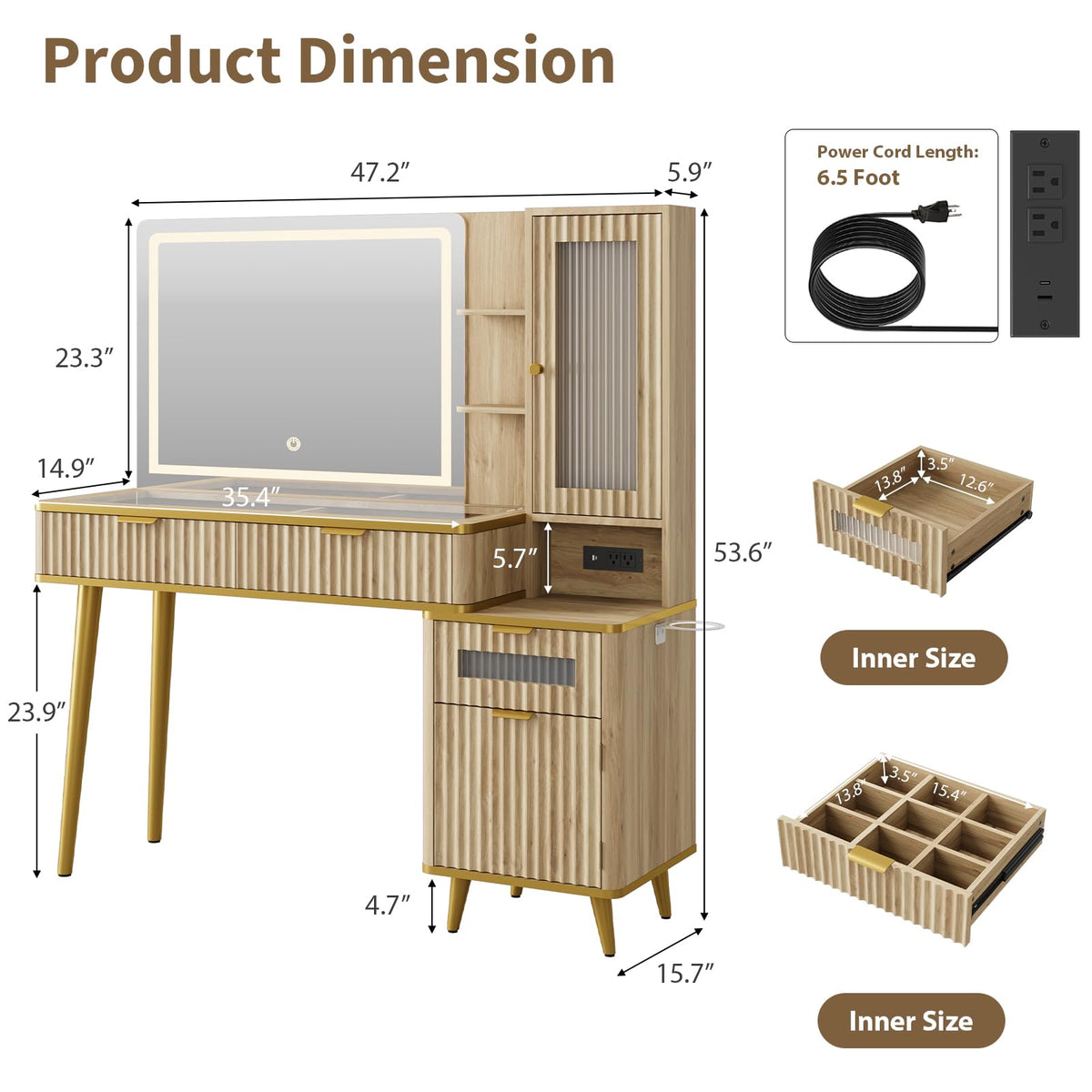 48" Fluted Makeup Vanity Desk with Mirror and Lights