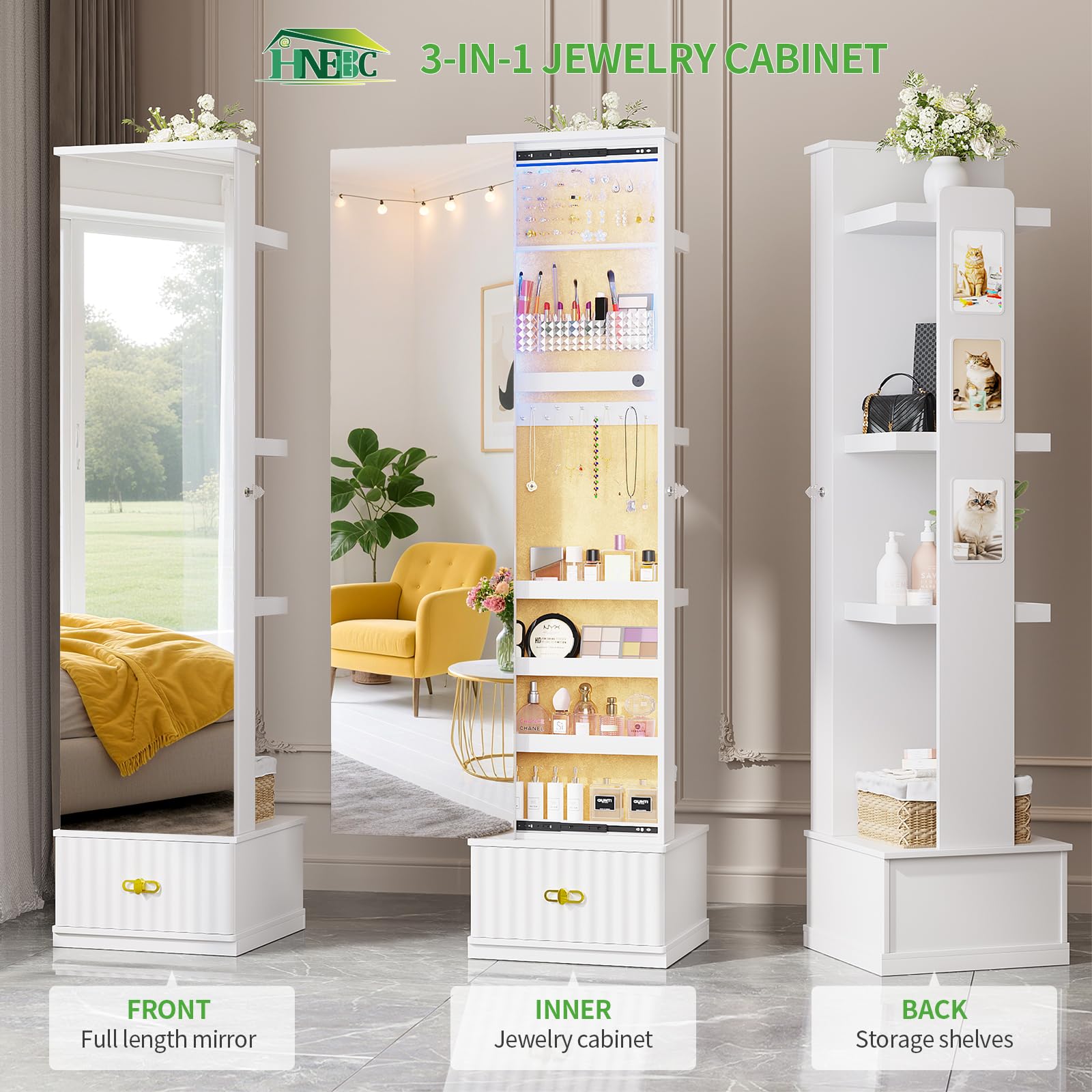 Full Length Mirror Jewelry Cabinet with LED Lights and Storage