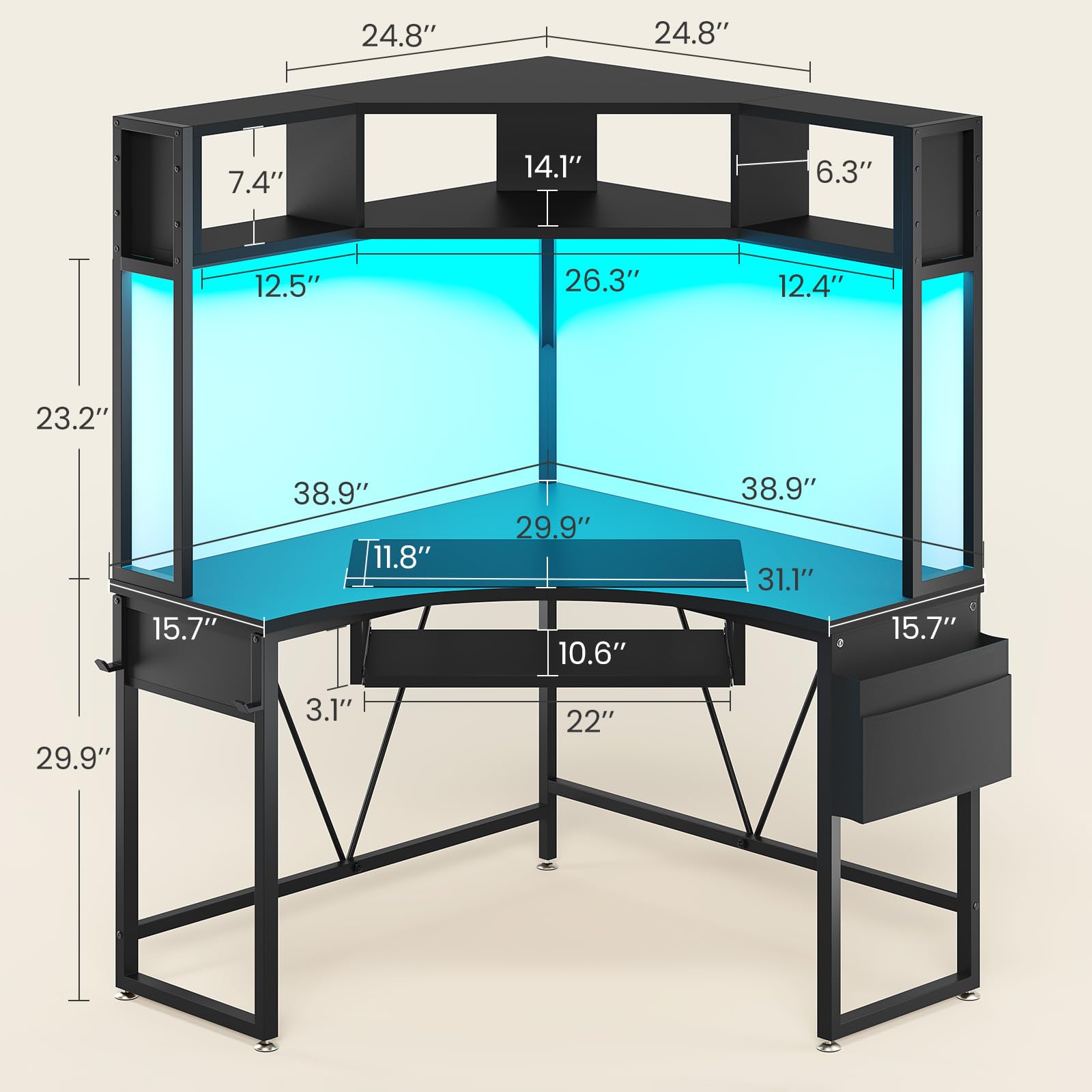 Corner Desk with Hutch and LED Lights
