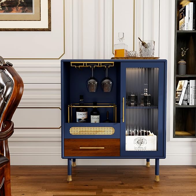 Modern Coffee Bar Cabinet with Wine Glass Rack and Drawers