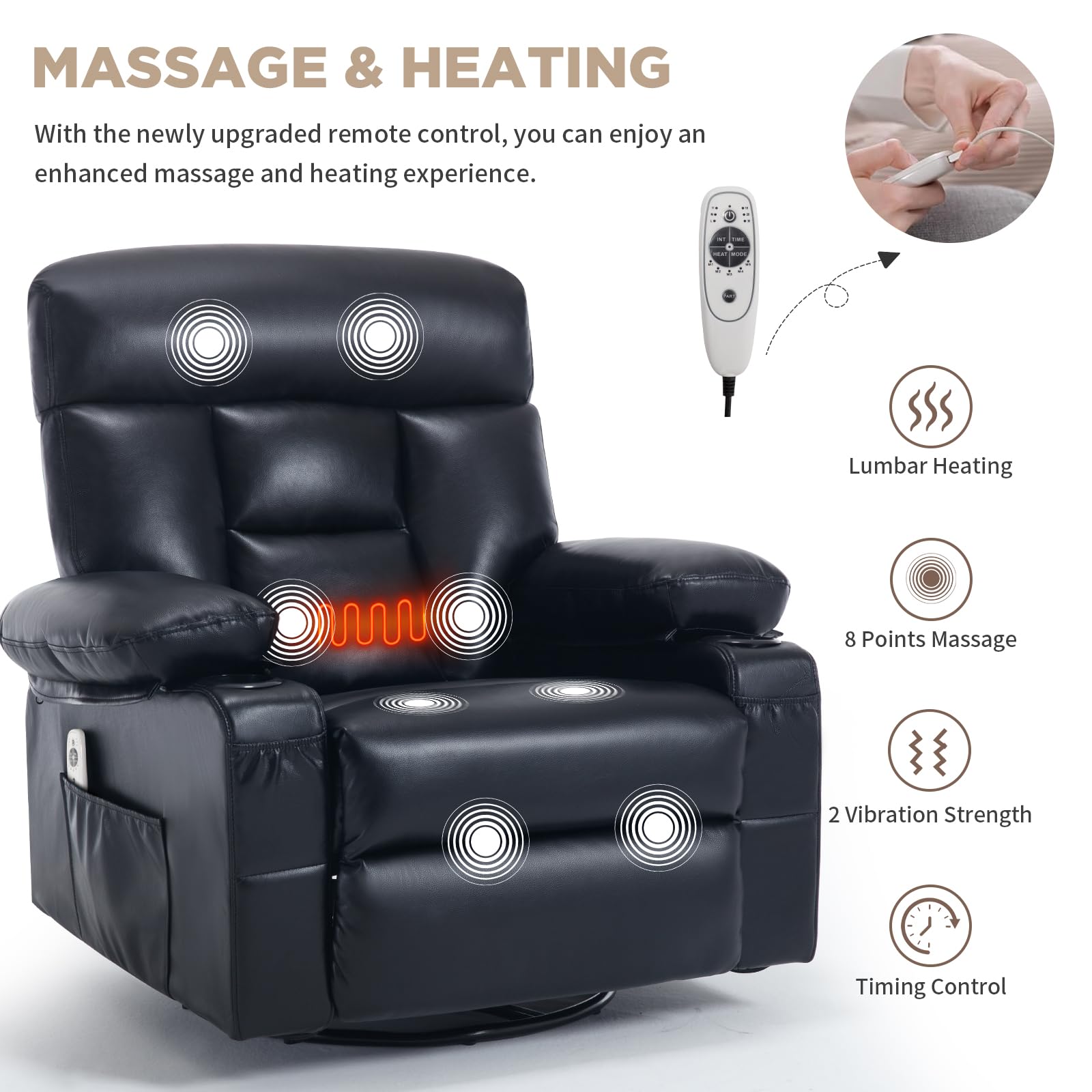 Recliner Chair with Heat and Massage, 360° Swivel Rocking Recliner for Adult, Overstuffed Armrest Faux Leather Manual Recliner with Cup Holders,Black