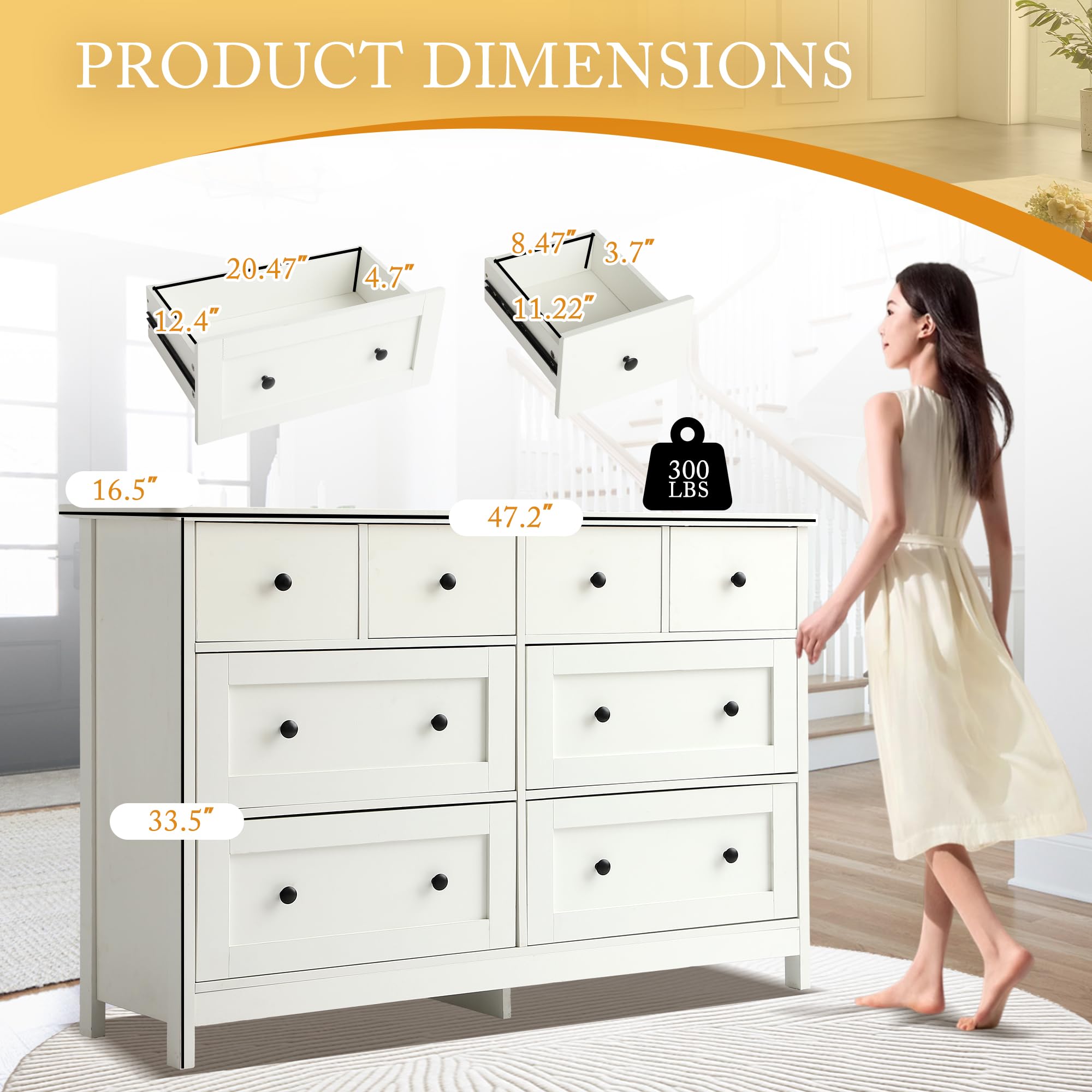 8 Drawer Dresser 47" Wooden Chest with Metal Knobs White