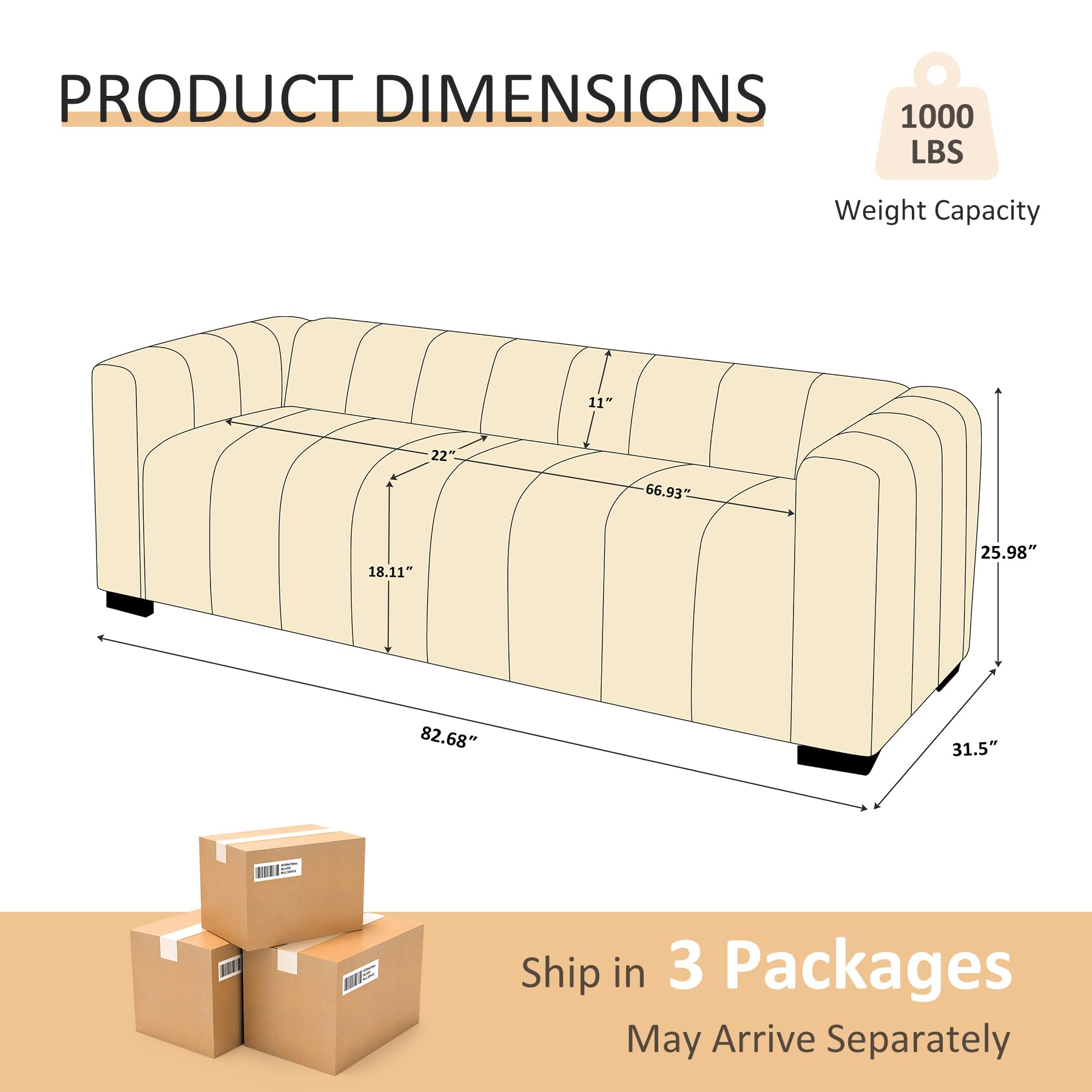 VANOMi 82.68" Oversized Boucle Sofa for Living Room, Modern Upholstered Tufted Cloud Couch,Comfy 3 Seater Deep Seat Sofa with Wood Legs for Apartment, Reception Room,Curry