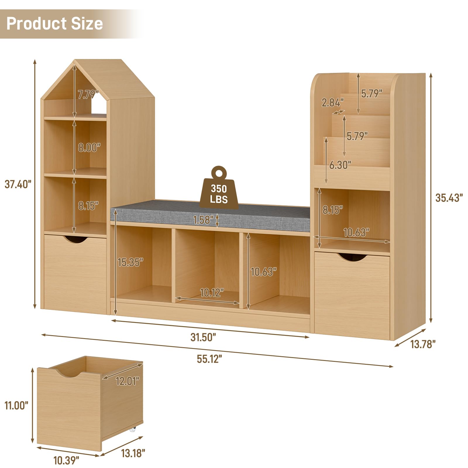 Kids Bookshelf with Reading Nook and Storage