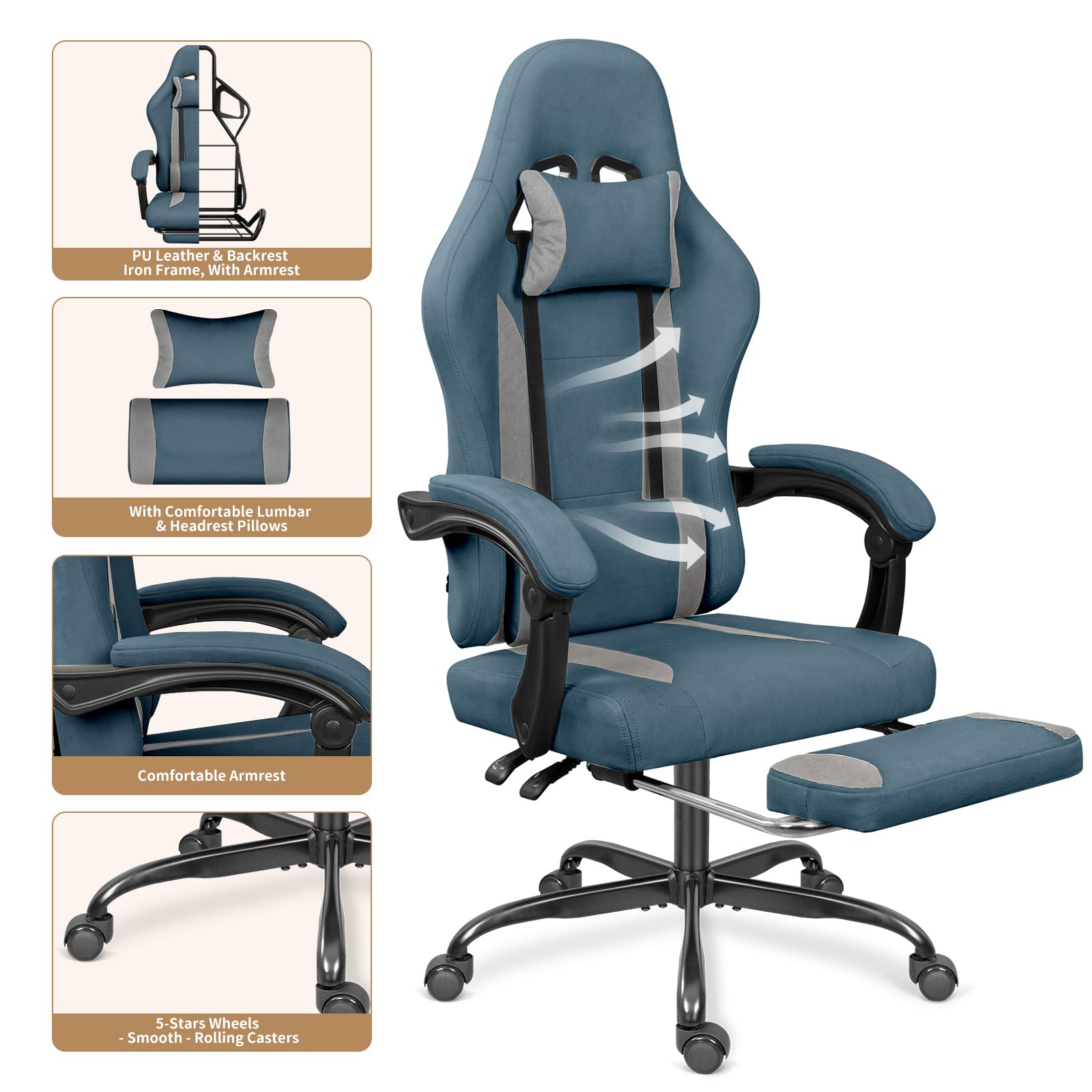 Breathable Fabric Gaming Chair with Footrest