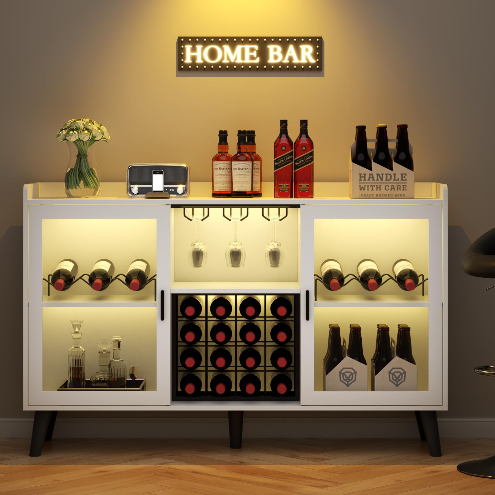 Wine Bar Cabinet with LED Light and Storage