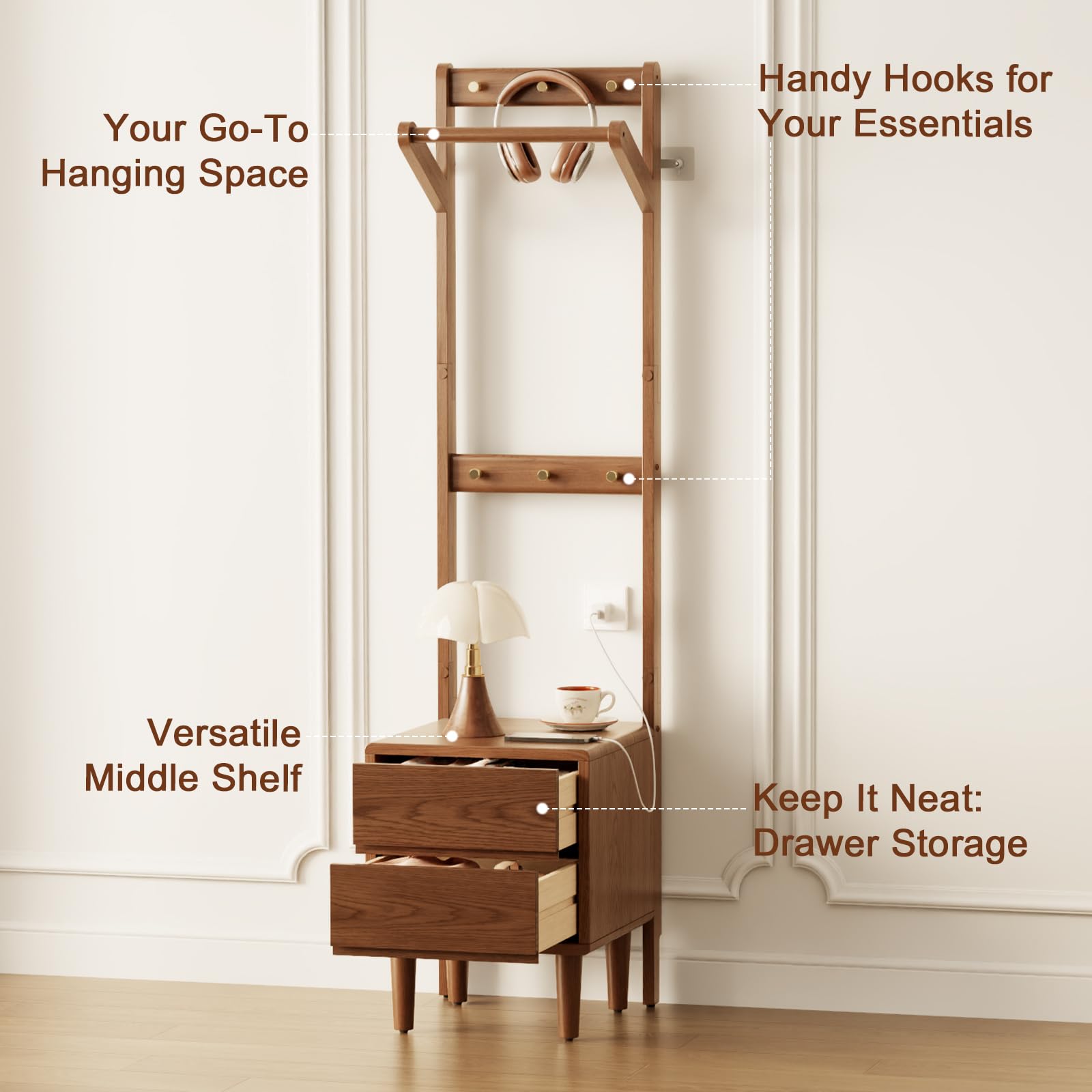 Freestanding Coat Rack with 2 Drawers and 6 Hooks