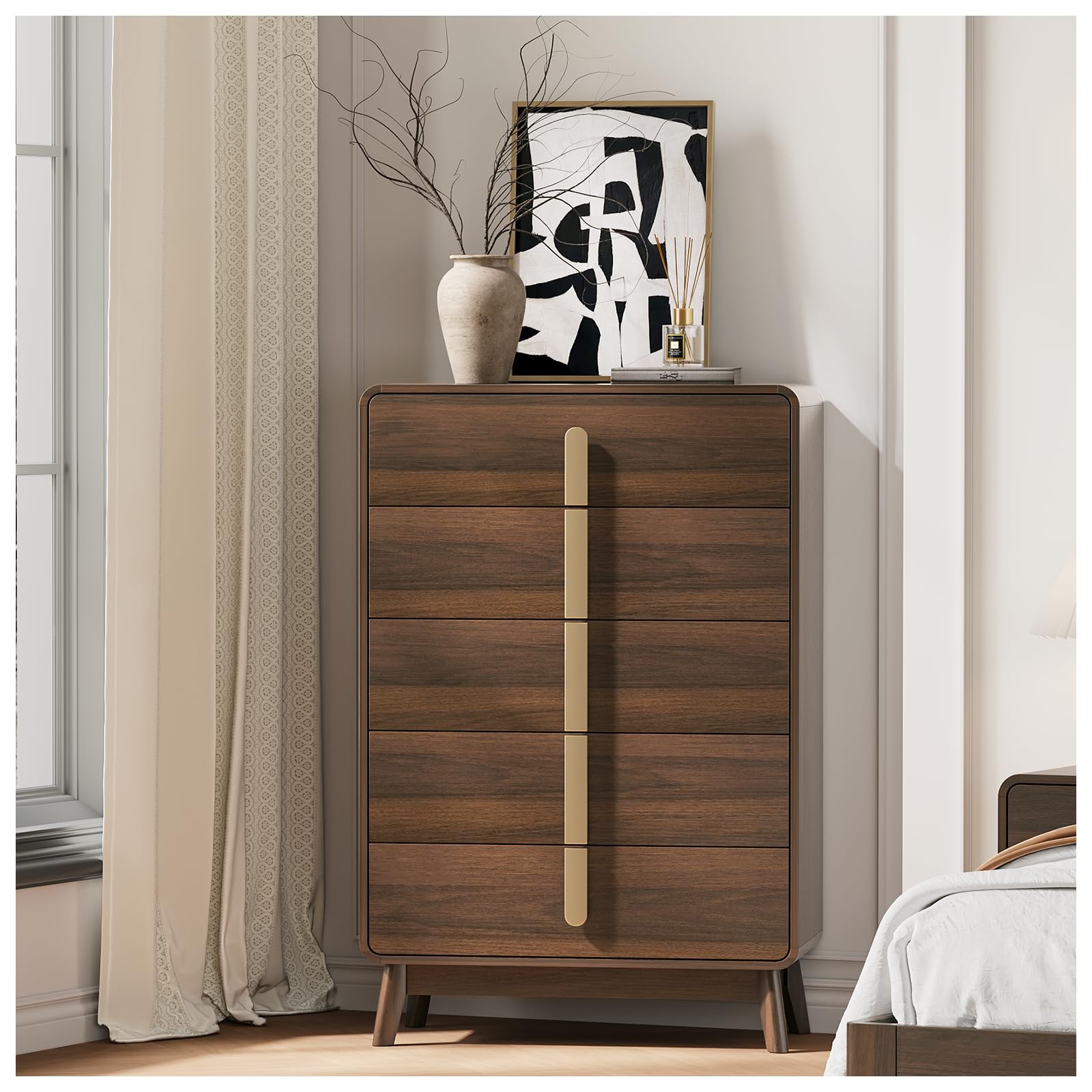 5-Drawer Mid-Century Modern Dresser with Metal Handles