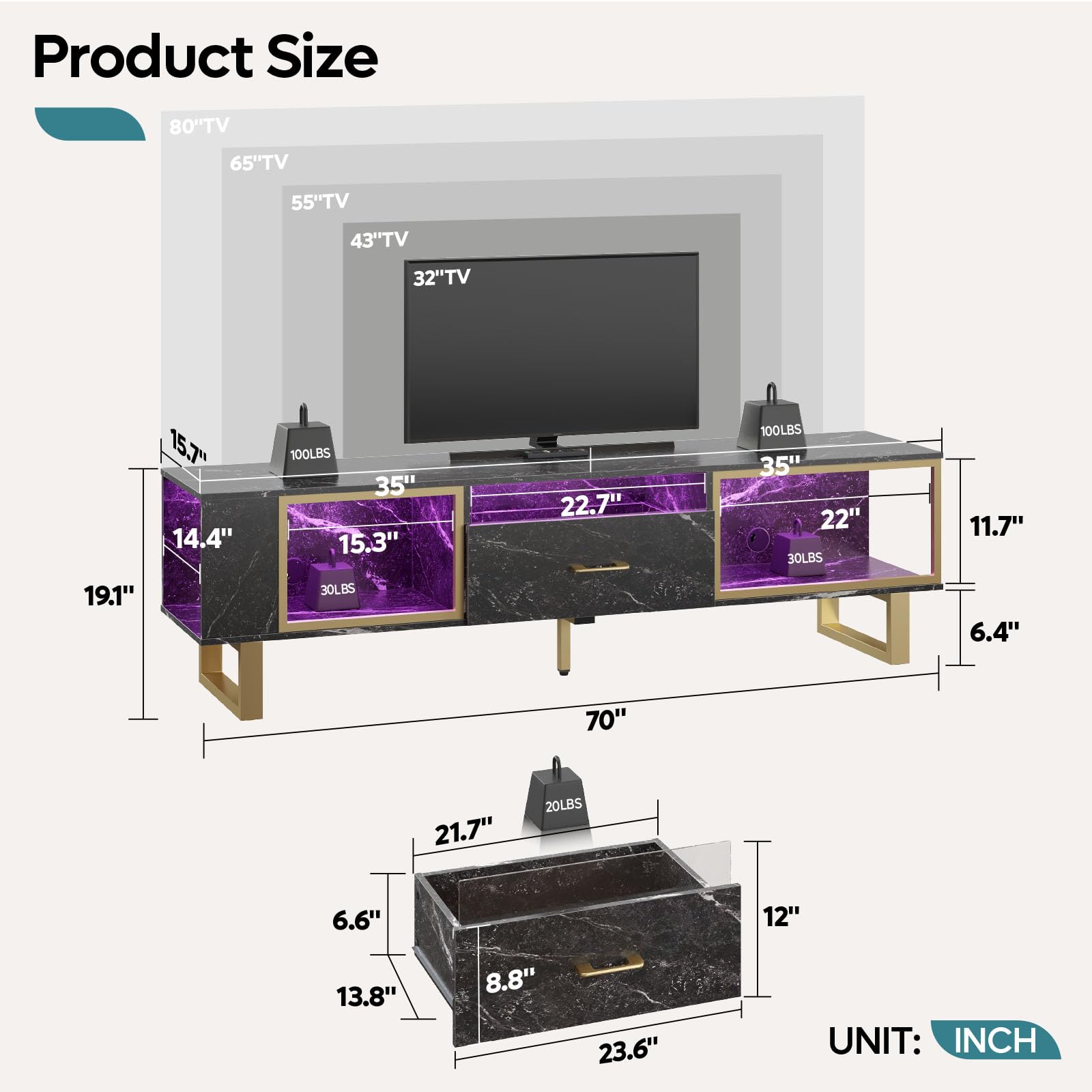 LED Gaming Entertainment Center TV Stand with Storage Drawer
