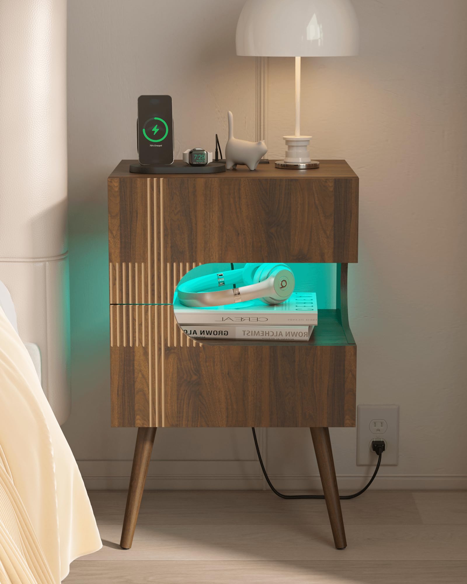 JOONEE Nightstand with Charging Station and LED Lights,Modern Bedside Table with 2 Storage Drawer,Night Stand with Solid Wood Legs,White (Walnut Brown)