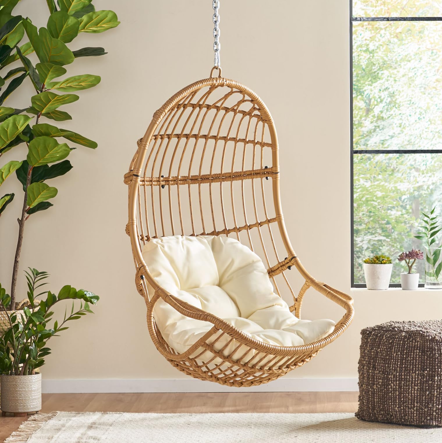 Wicker Basket Hanging Chair with Cushion