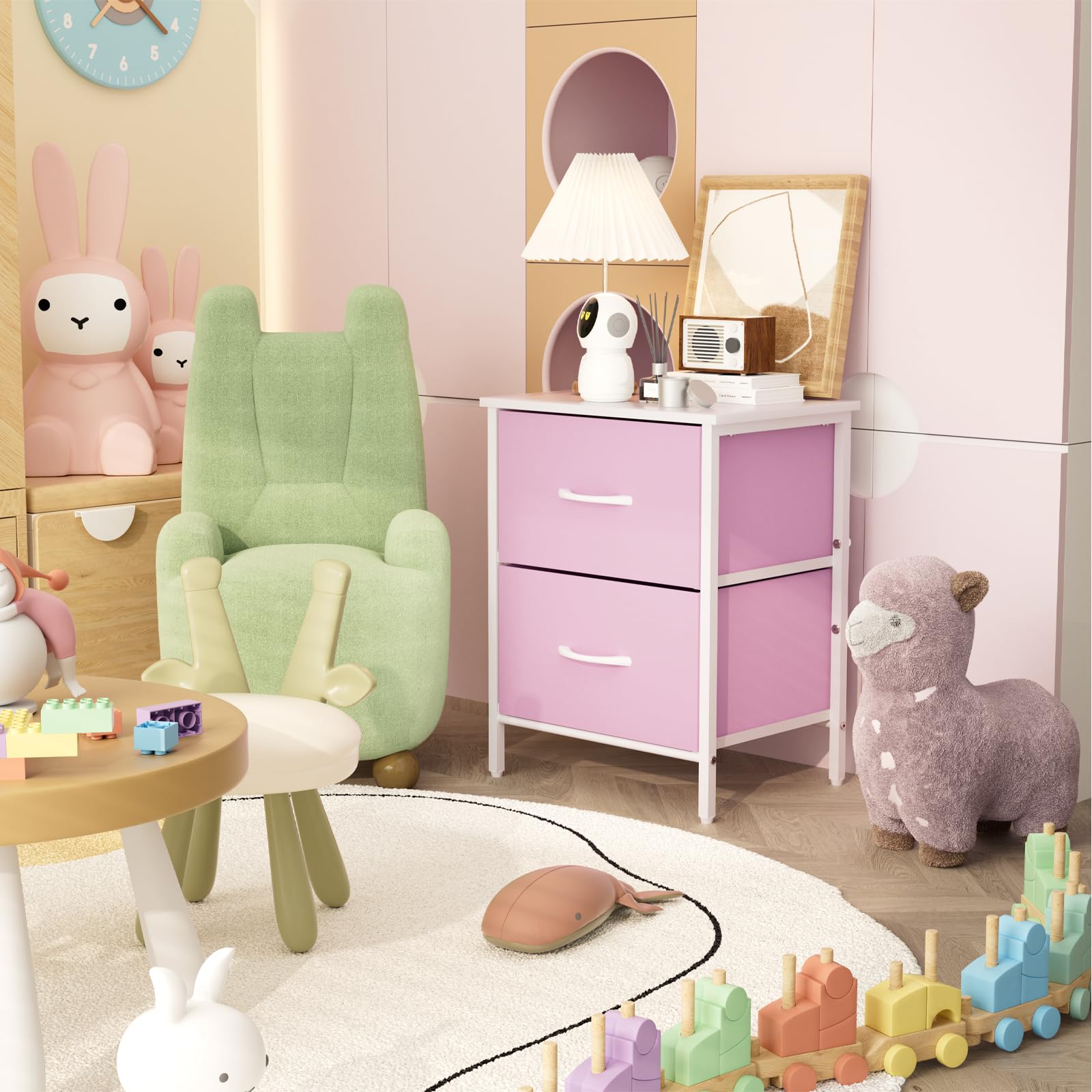 2-Drawer Pink Nightstand with Steel Frame