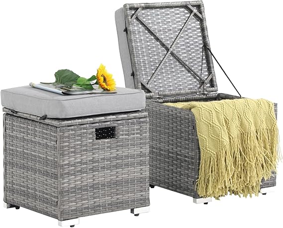 2-Piece Outdoor Patio Storage Ottoman Set - Beige Rattan Wicker