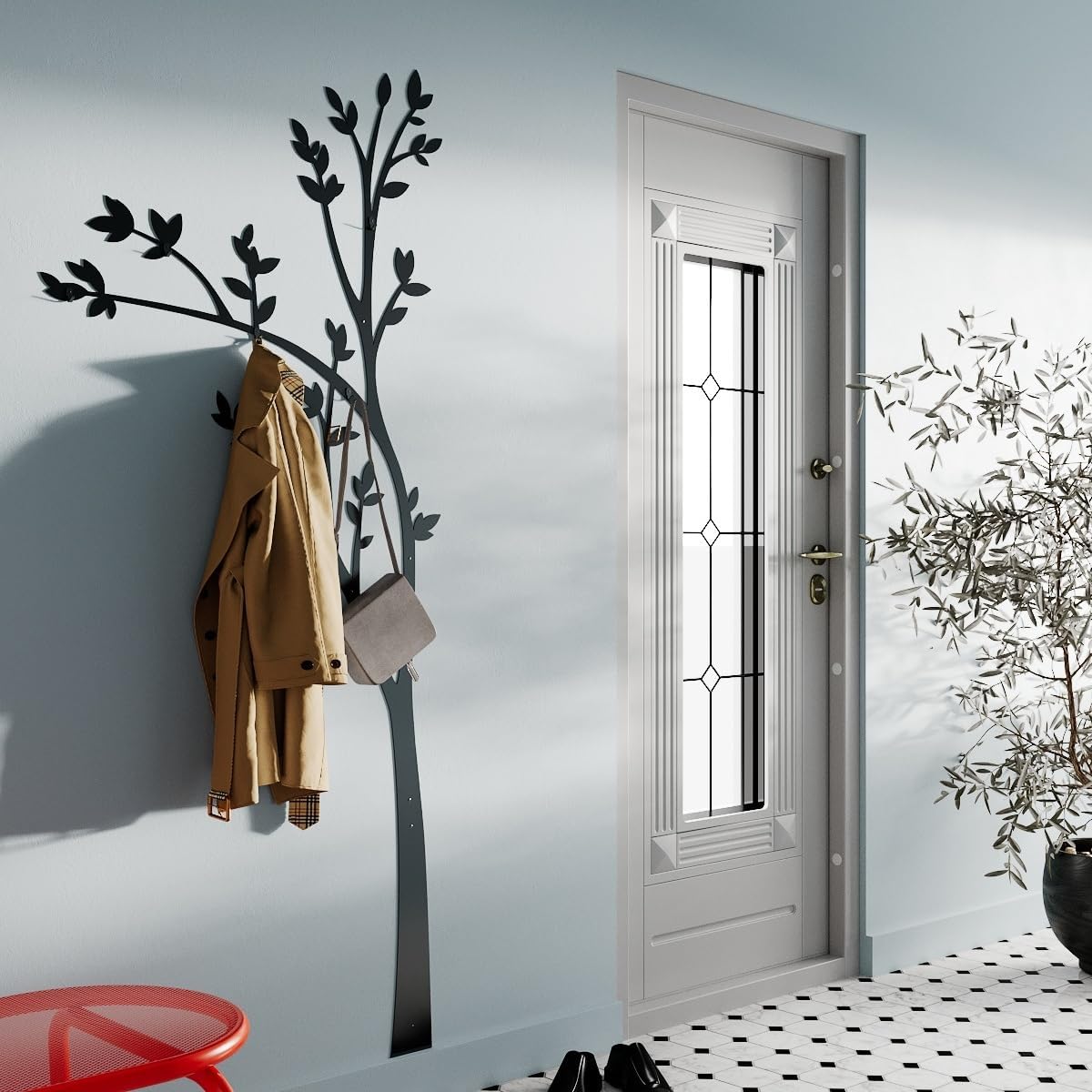 Wall Mounted Coat Rack - Black Metal Tree Style with 6 Hooks