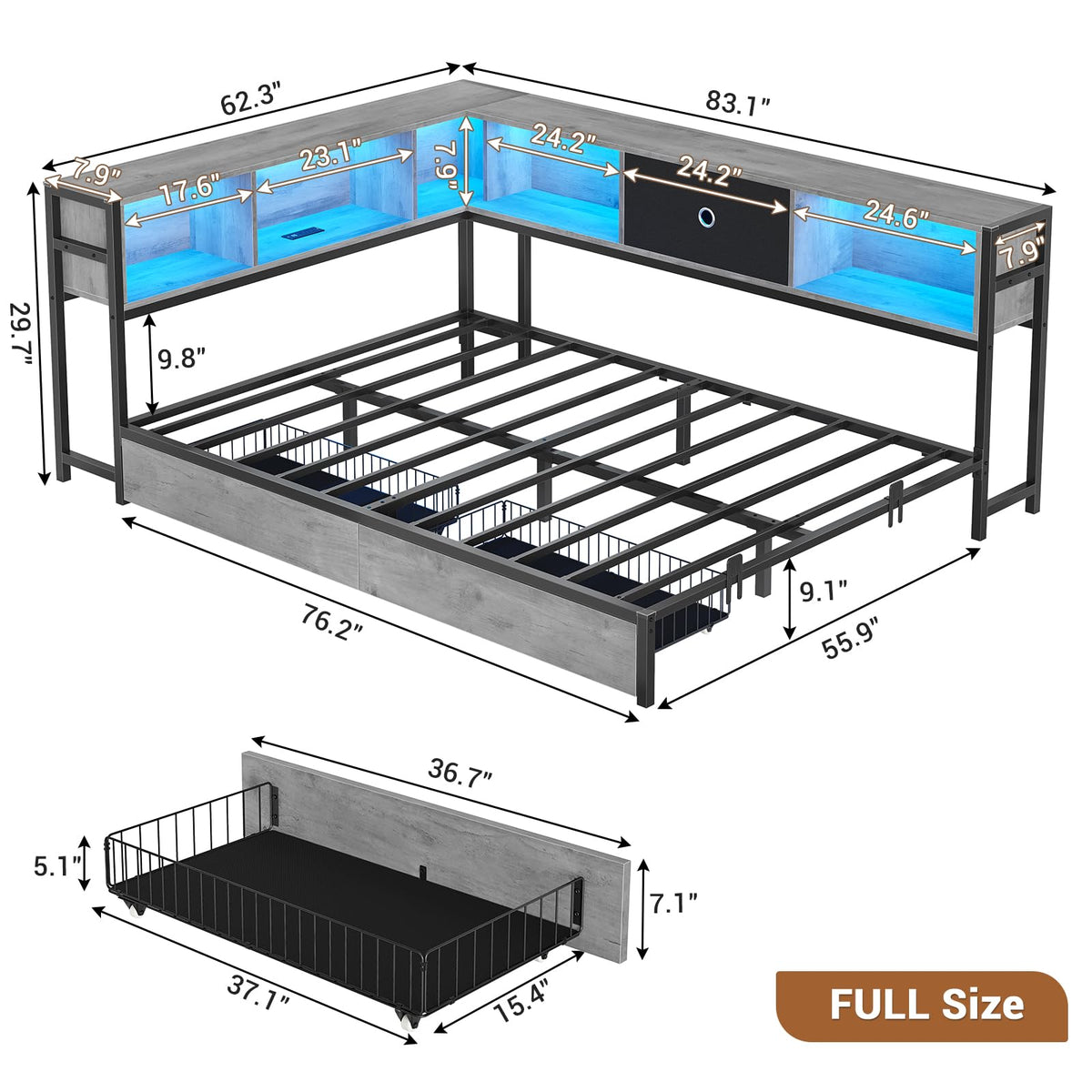 Full Corner Bed Frame with Storage Drawers and Bookcase Headboard