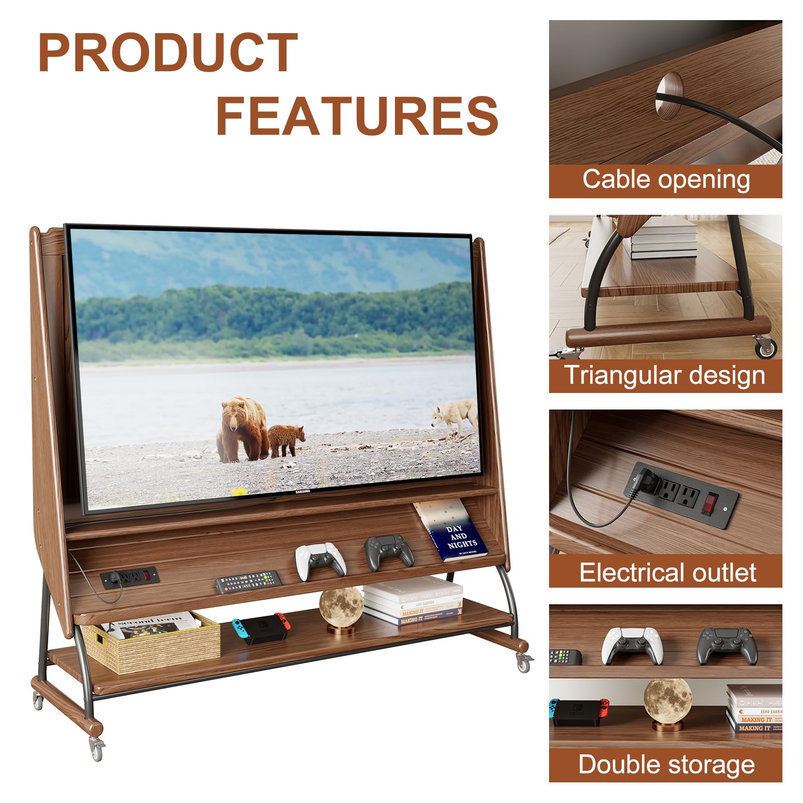 Rolling TV Stand with Wheels 40-60 Inch Height Adjustable