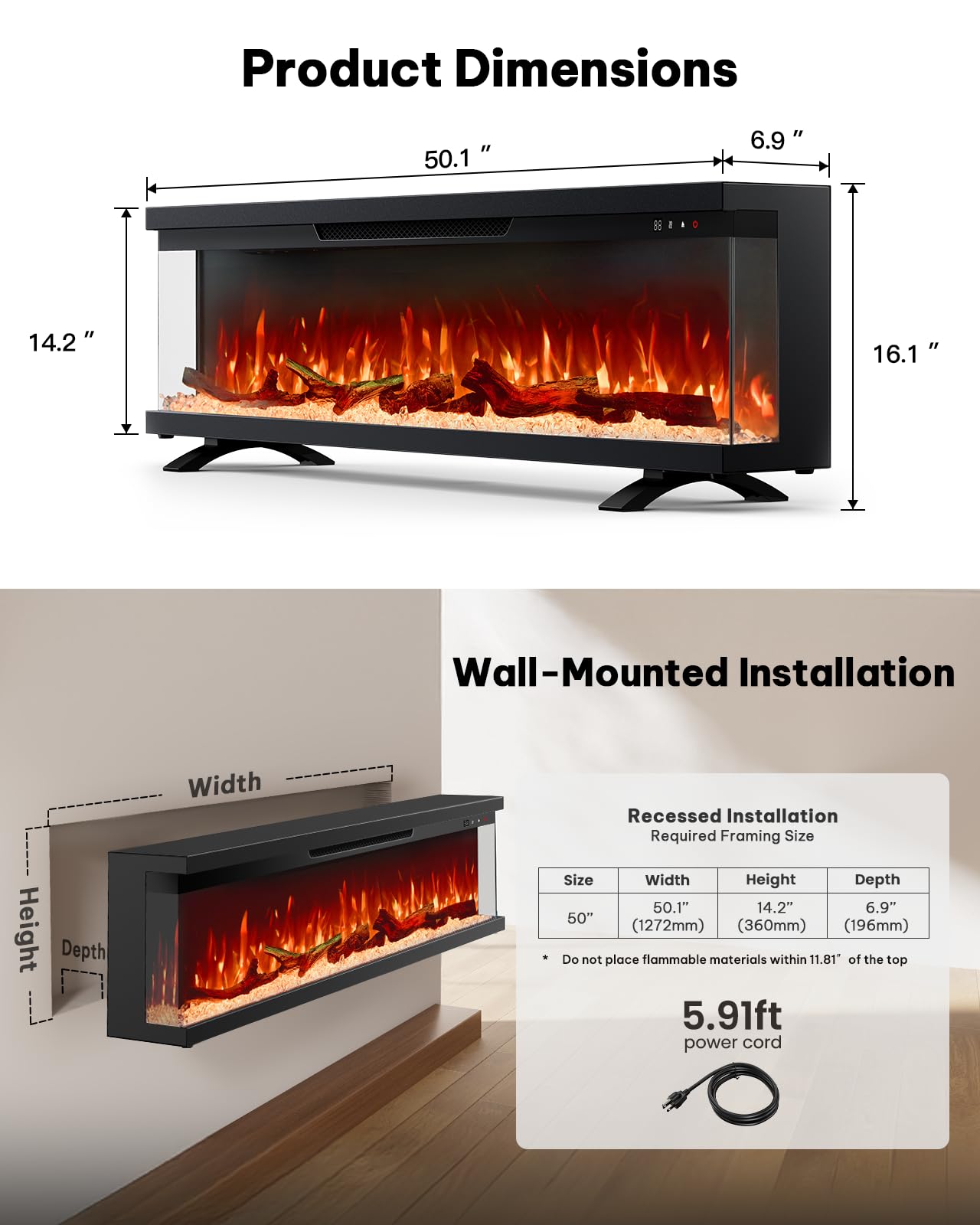 50" Triple-View Electric Fireplace with Smart Controls