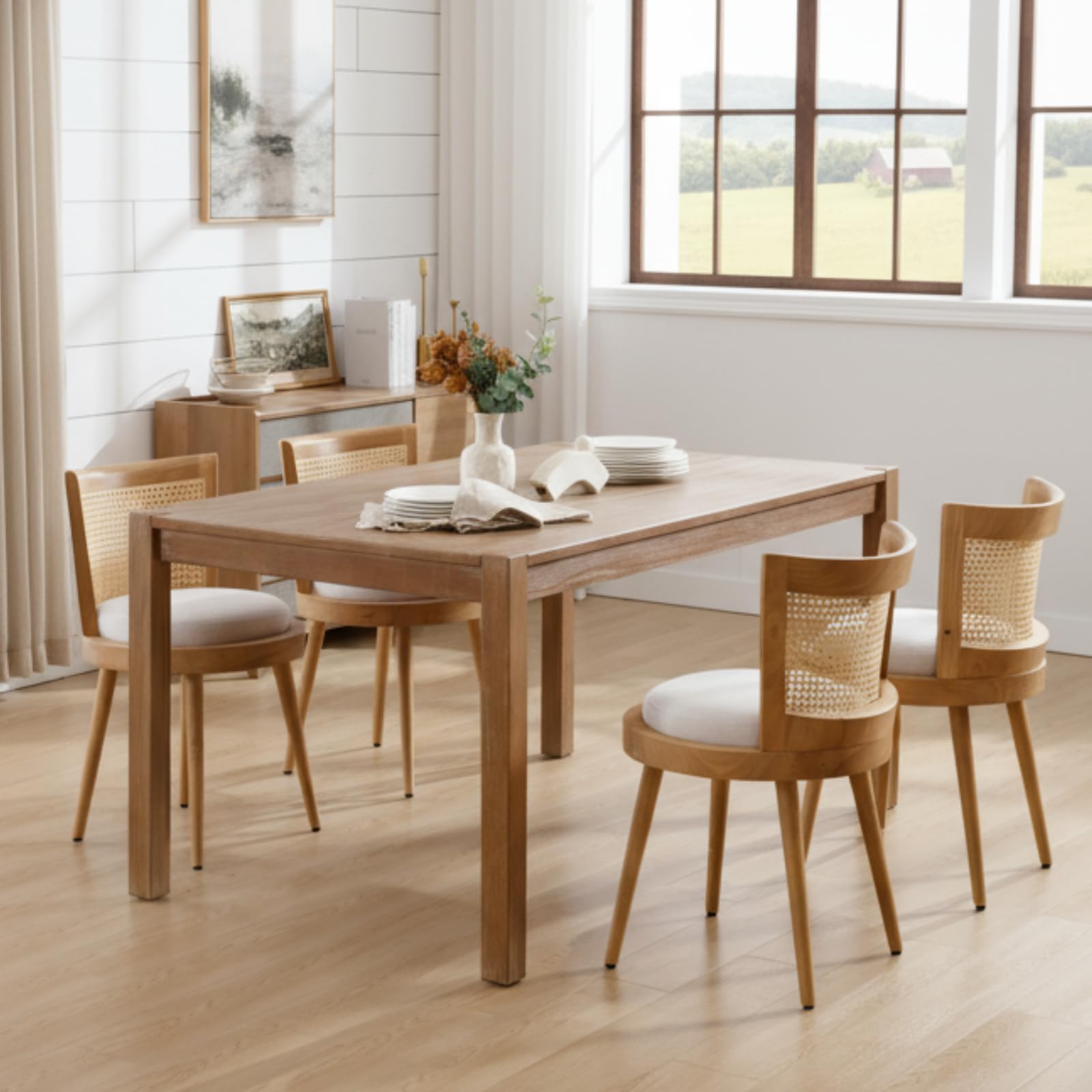 Wooden Dining Chairs Set of 4 with Linen Upholstery and Rattan Back