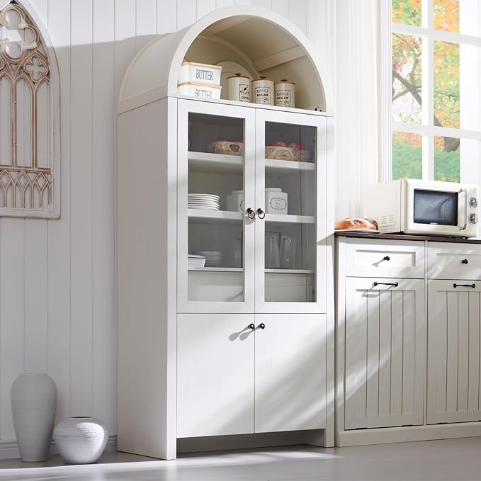Arched Kitchen Pantry Cabinet with Glass Doors