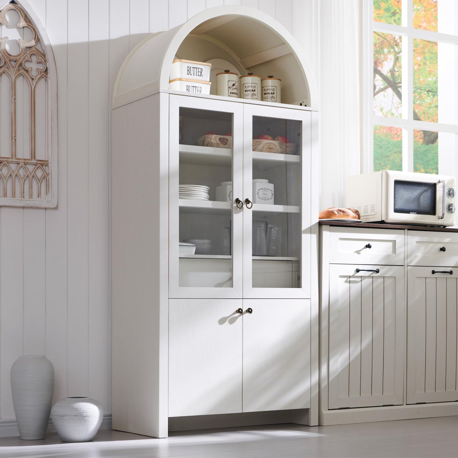 Arched Kitchen Pantry Cabinet with Glass Doors
