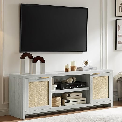 TV Stand with Rattan Doors for 50-65 Inch TVs