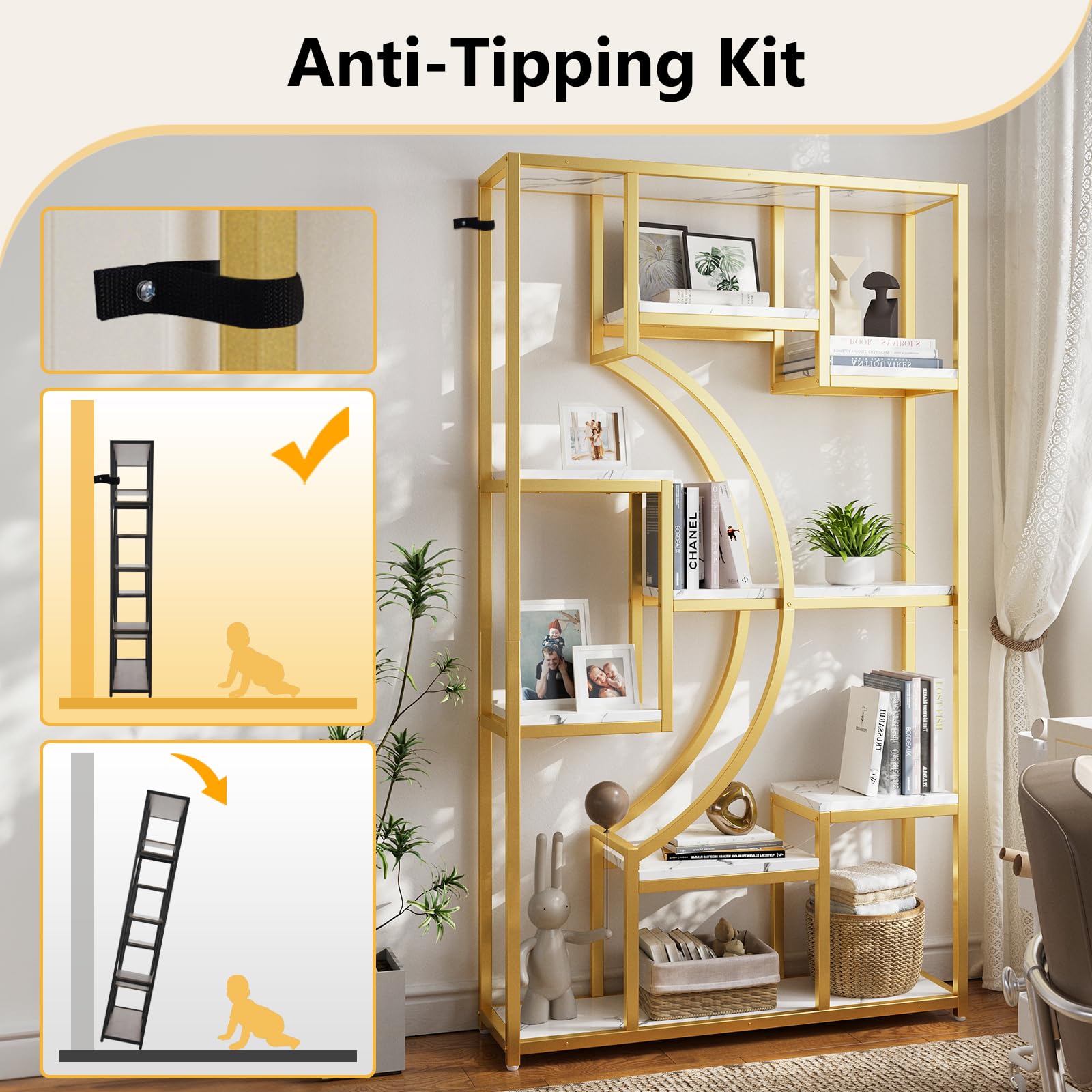 70.8 Inch Tall Etagere Bookcase Set of 2 White Gold