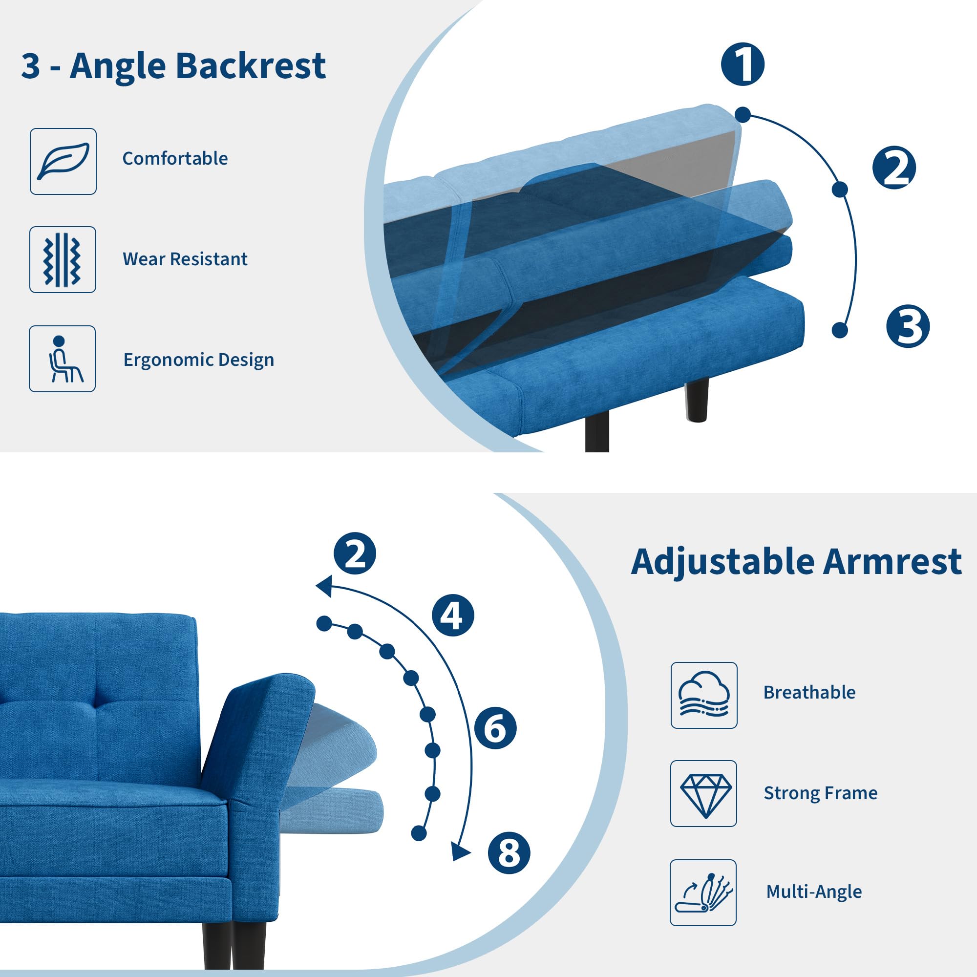 89" Convertible Futon Sofa Bed with Adjustable Backrest
