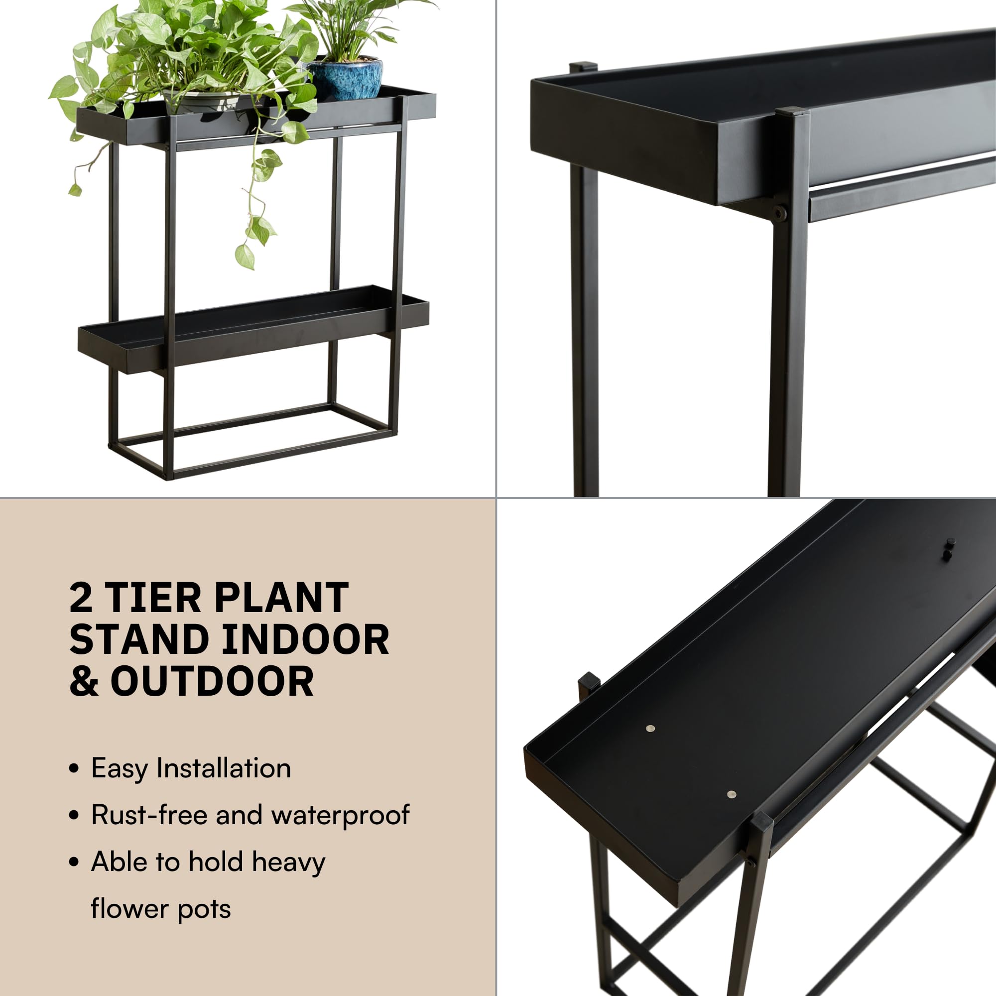 2-Tier Plant Stand Indoor Outdoor - Heavy Duty Iron Black