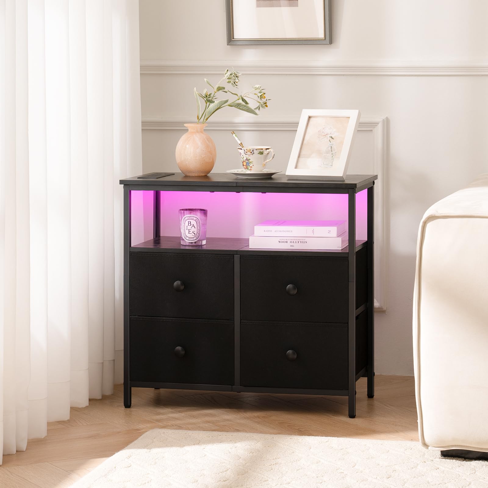 LED Nightstand with Charging Station and 4 Drawers